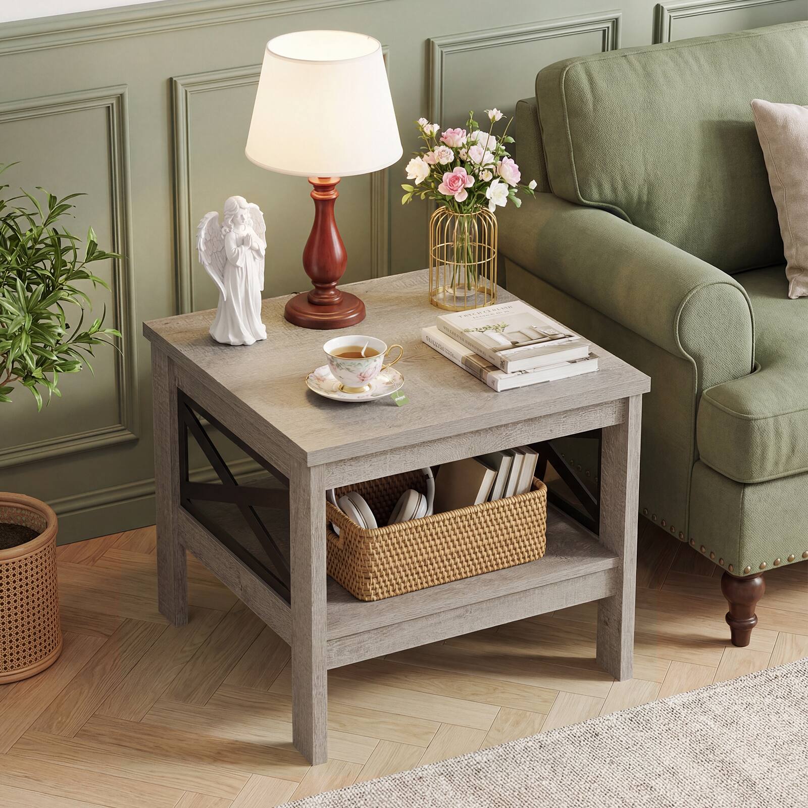 Alt View 1. Costway - Costway 1 PCS 2-Tier End Table with Storage Shelf & X-Frame, 24" Farmhouse Nightstand for Bedroom - Rustic Oak.