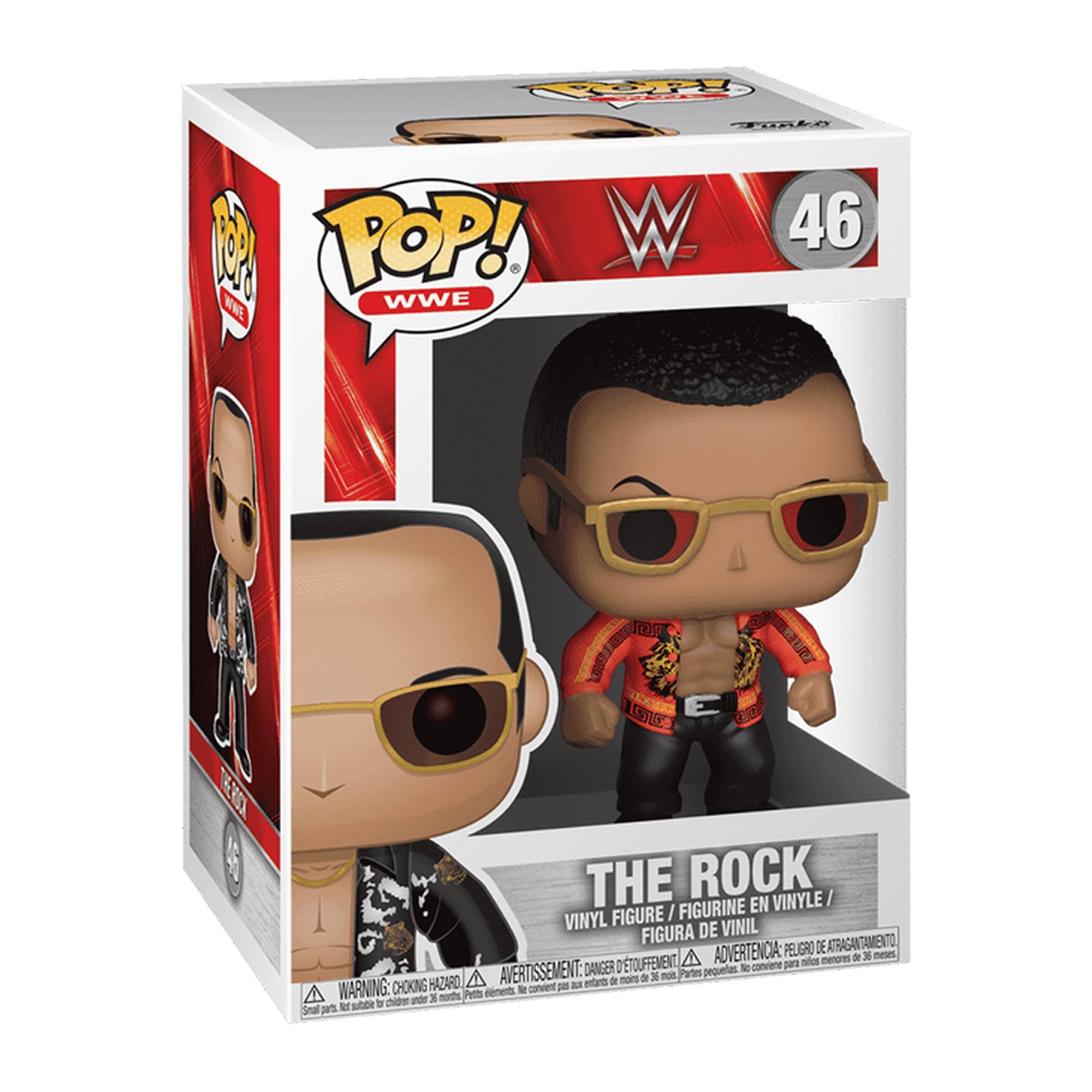 Funko POP! WWE  
46  
THE ROCK EN VINYLE / VINYL FIGURE / FIGURINE FIGURA DE VINIL  
ADVERTENCIA: PELIGRO DE ATRAGANTAMIENTO, de 36 meses  
D'TOUFFEMENT, pour nios menores de 36 mois  
AVERTISSEMENT: 36 mois,  
WARNING: CHOKING HAZARD, Small parts. Not for children under 36 months.