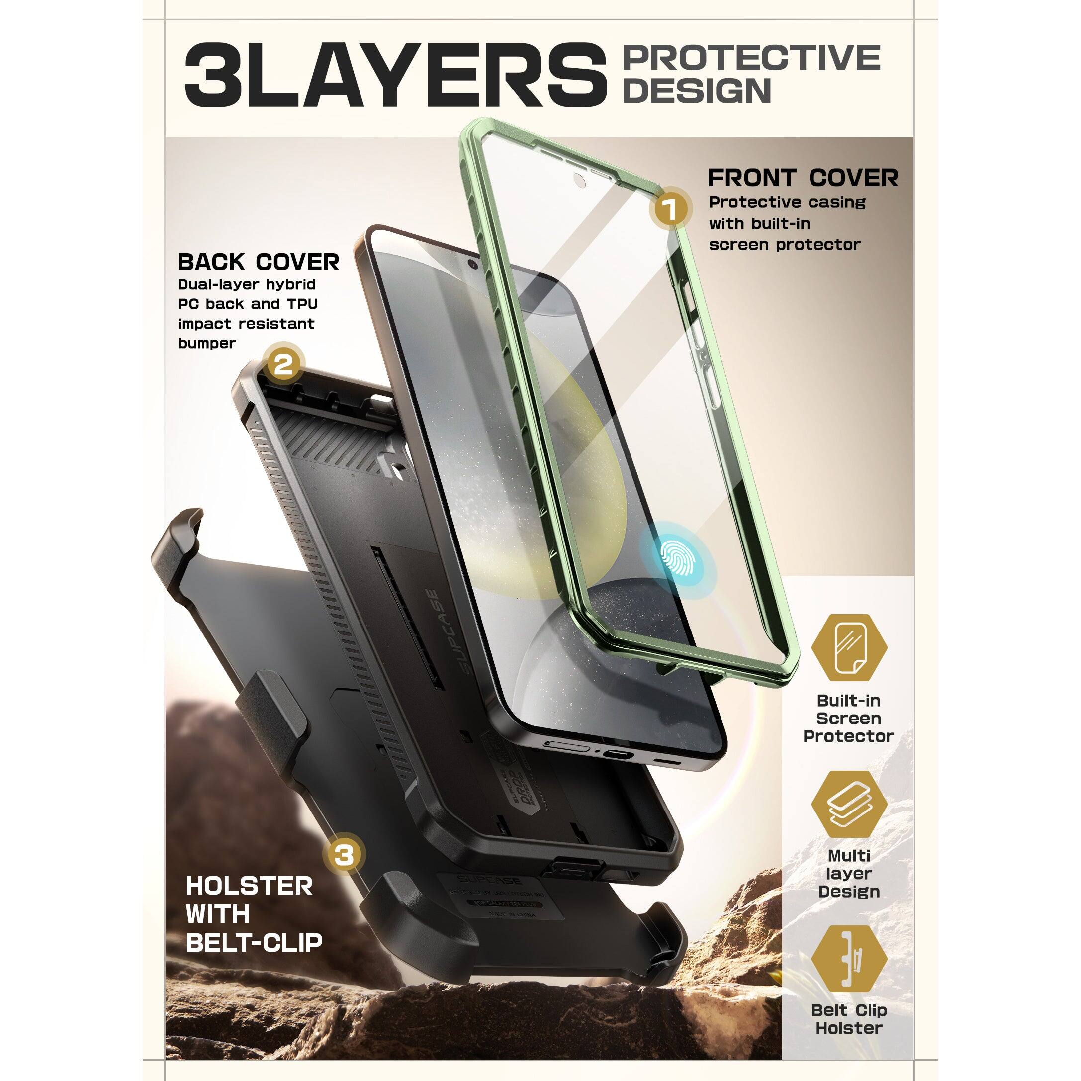 **3LAYERS PROTECTIVE DESIGN**

**BACK COVER**
Dual-layer hybrid PC back and TPU impact resistant bumper

**FRONT COVER**
Protective casing with built-in screen protector

**HOLSTER WITH BELT-CLIP**

- Built-in Screen Protector
- Multi layer Design
- Belt Clip Holster