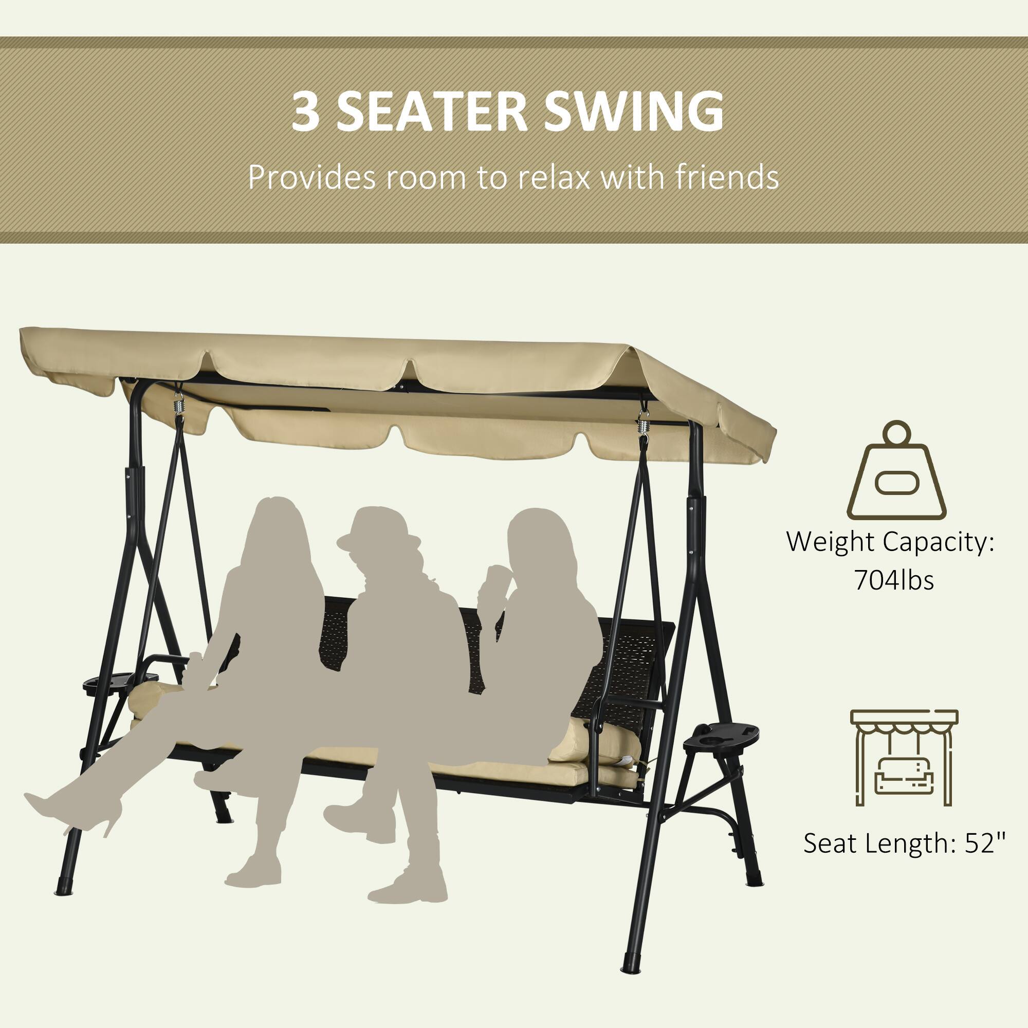 3 SEATER SWING
Provides room to relax with friends
Weight Capacity: 704lbs
Seat Length: 52"