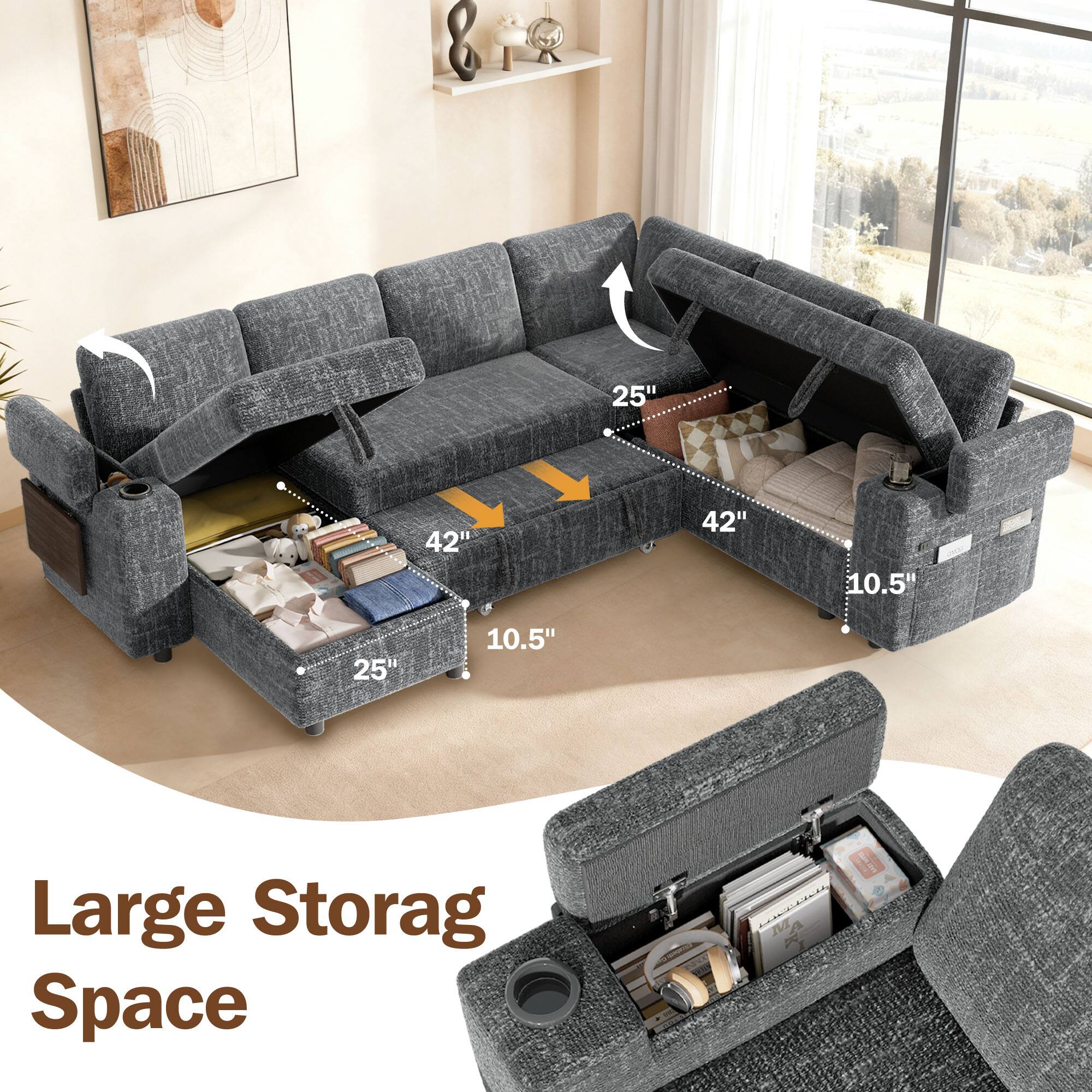 8" 25" 42" 42" 10.5" 25" 10.5" Large Storage Space