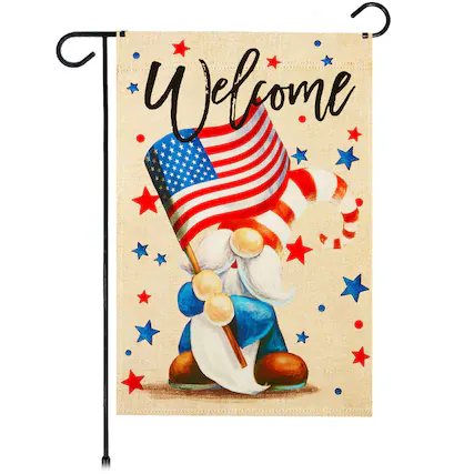 Front. G128 - Welcome Patriotic Gnome Garden Flag, 12 x 18 in, Double-Sided Independence Day Yard Decoration. - Multicolor.