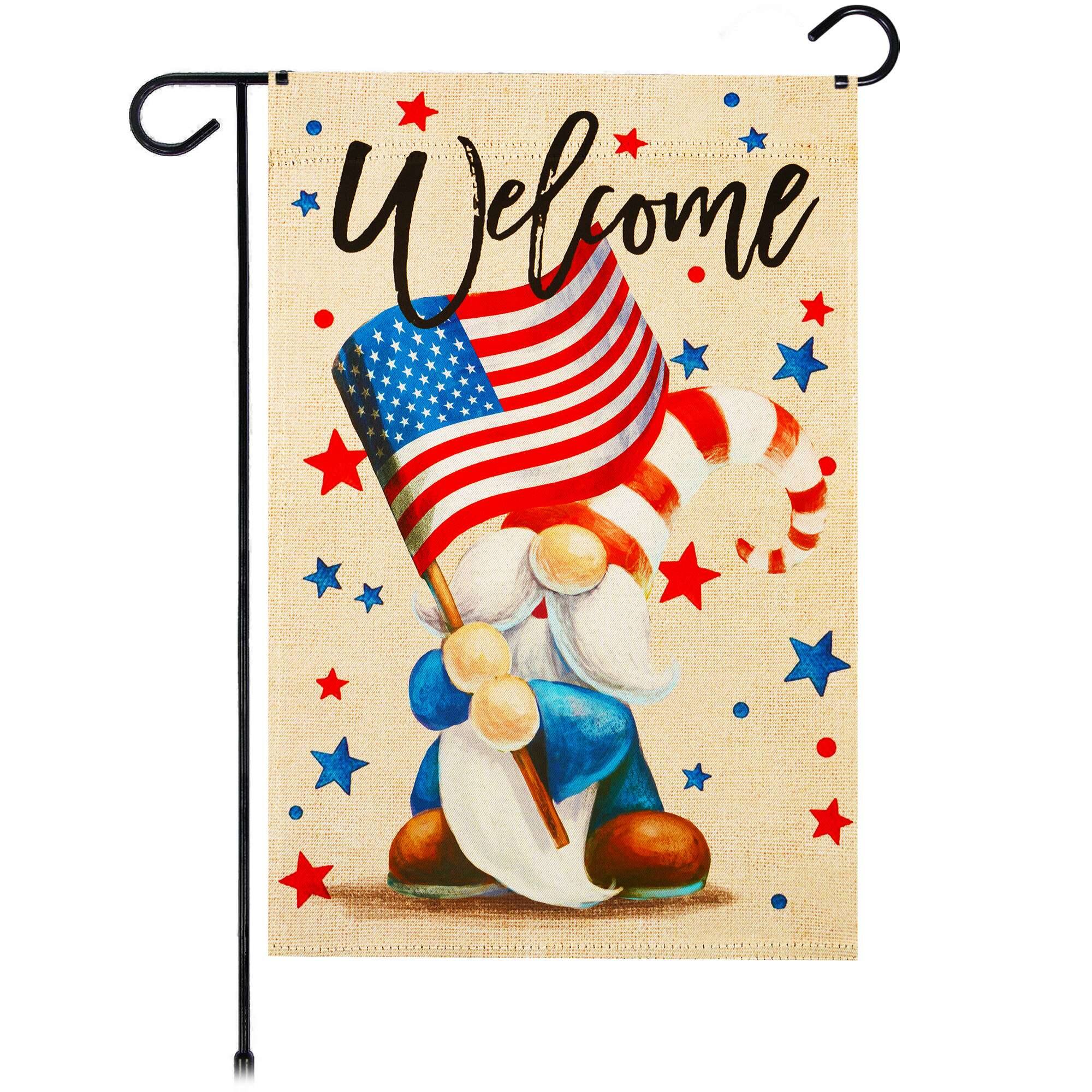 Front. G128 - Welcome Patriotic Gnome Garden Flag, 12 x 18 in, Double-Sided Independence Day Yard Decoration. - Multicolor.