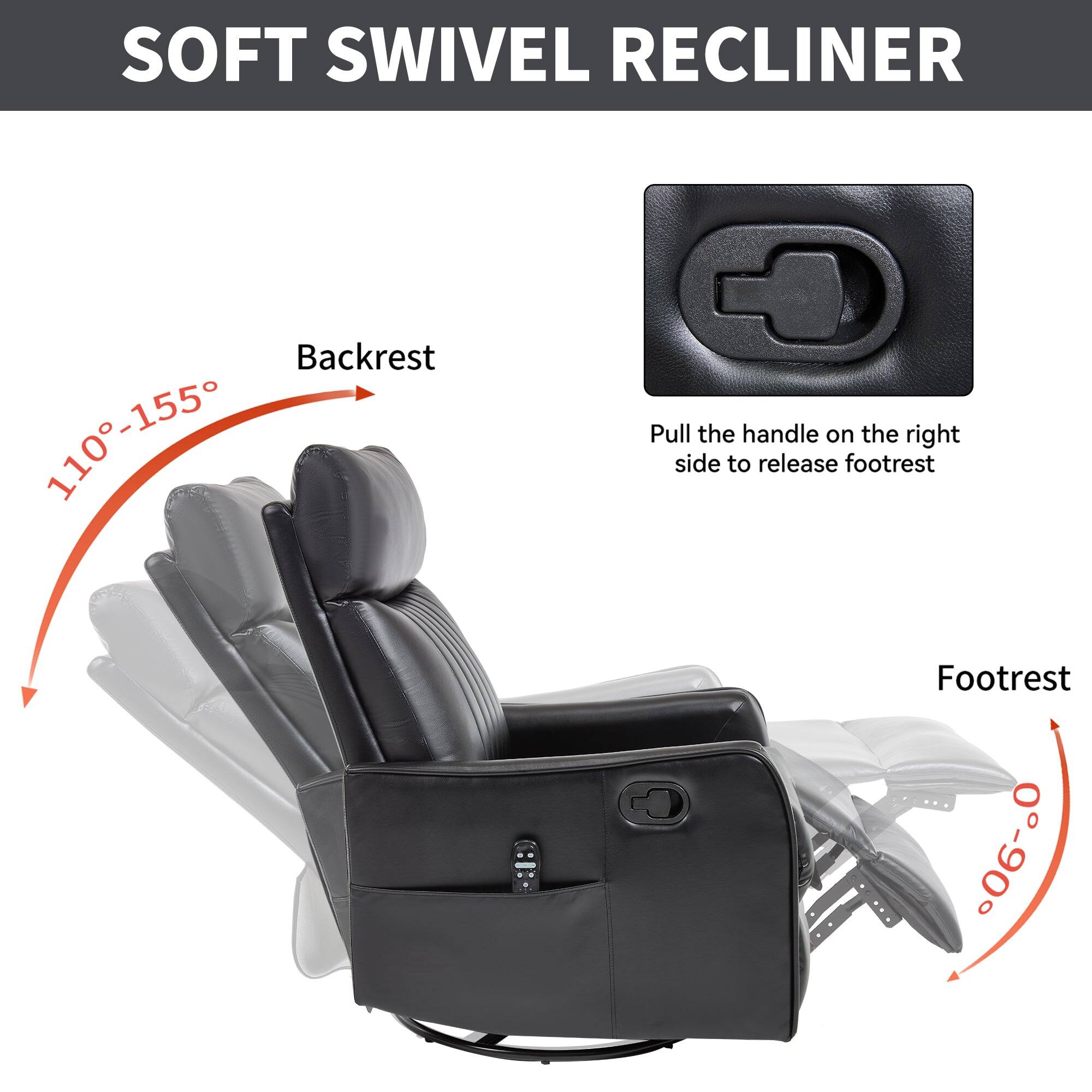 SOFT SWIVEL RECLINER

Backrest  
110°-155°

Footrest  
0°-90°

Pull the handle on the right side to release footrest