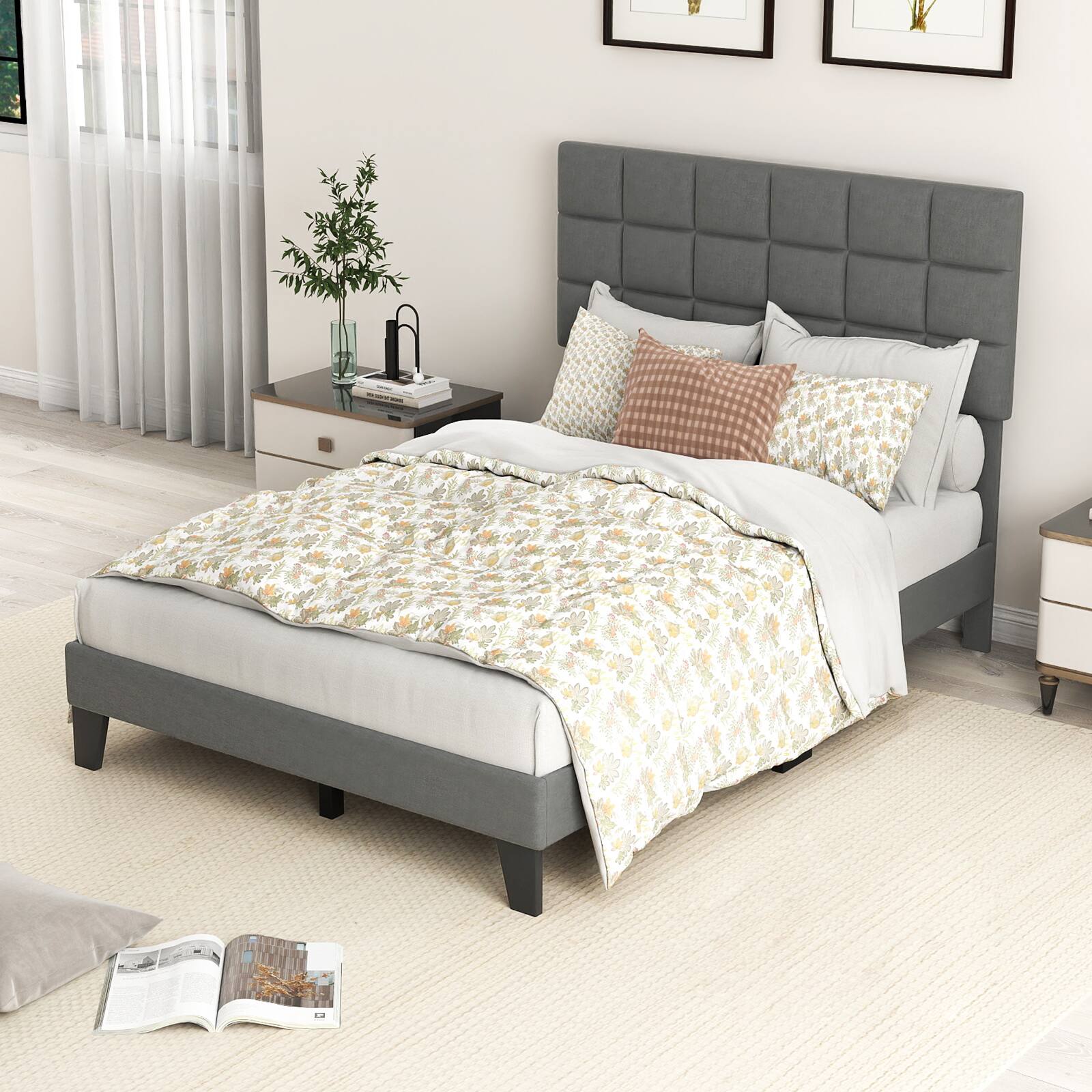Alt View 6. LUCKY ONE - Full Assembled Linen Bed Frame with Adjustable Headboard Platform Bed Wooden Slats - Gray-Full.