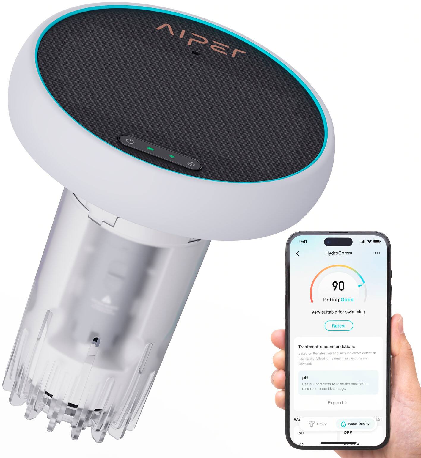 The image features a white device with a blue stripe, which is an Aper D4T device. It is placed next to a cell phone, which is displaying a 90 rating for the device. The device is designed for hydrocomm applications and is suitable for swimming. The cell phone also provides treatment recommendations, such as increasing the pH to the optimal range, and using ORP to improve the quality of the water. The device is designed to detect and treat various water-related issues, making it a useful tool for maintaining a healthy aquatic environment.