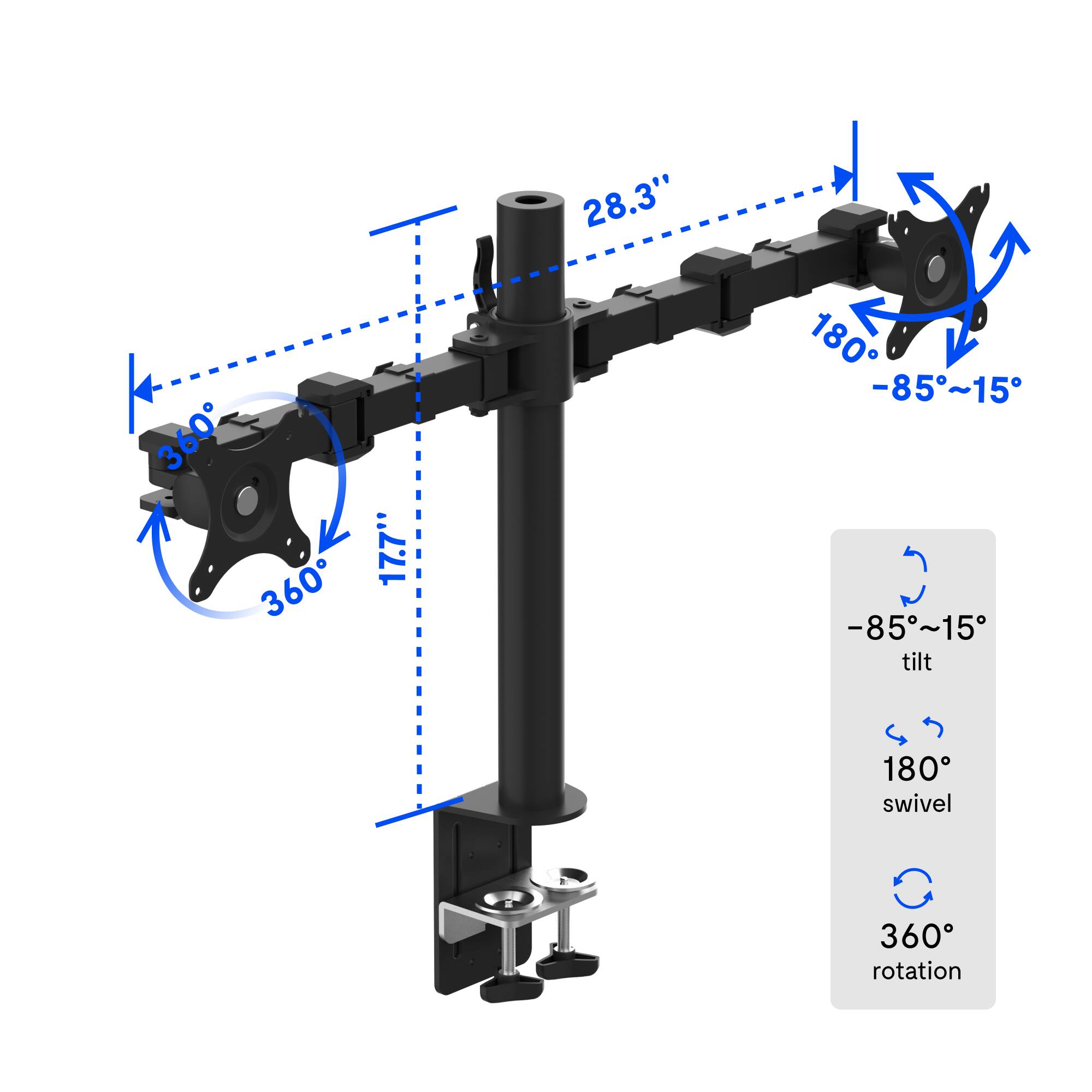 28.3" 360° 360° 17.7" 180° -85°~15° tilt 180° swivel 360° rotation
