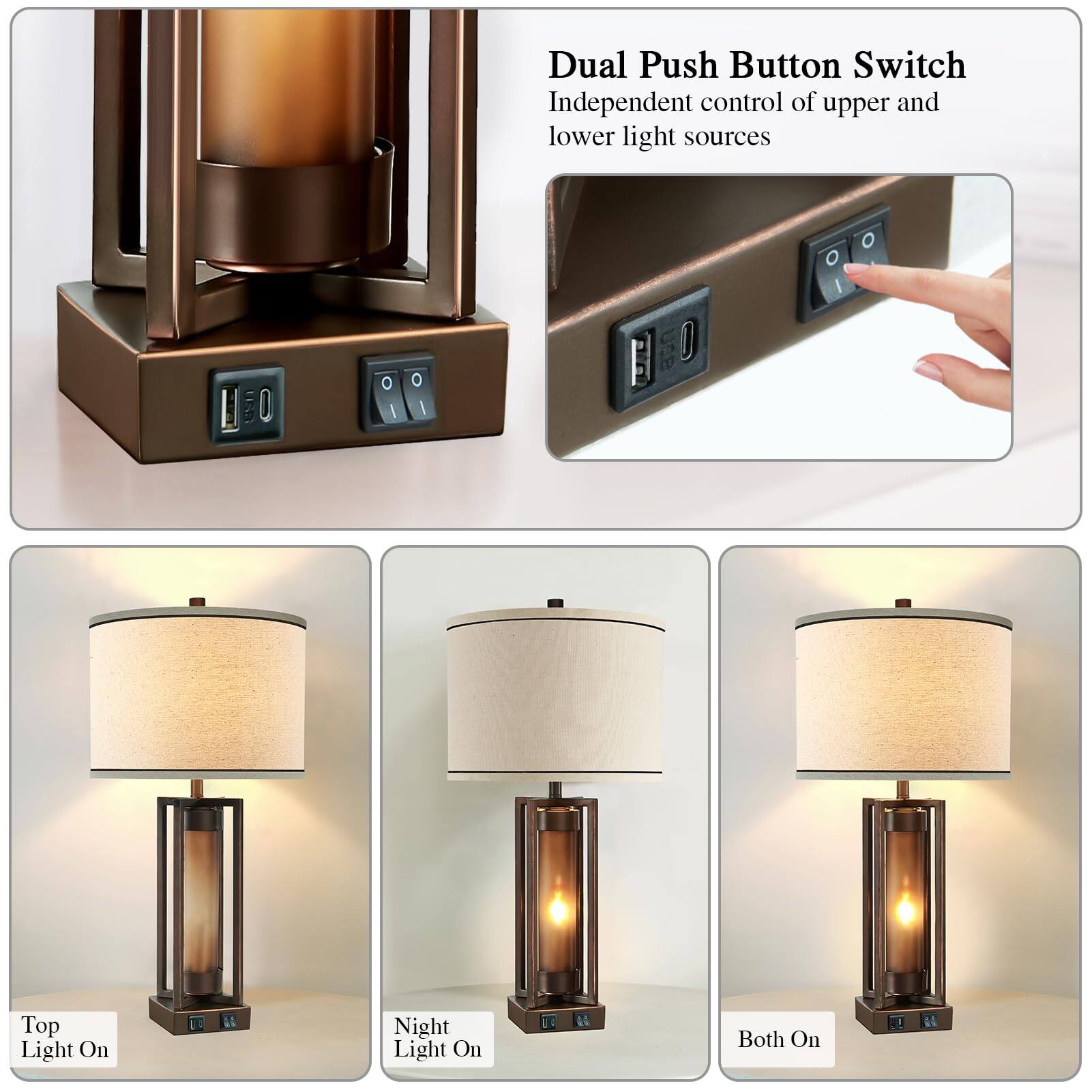 Dual Push Button Switch  
Independent control of upper and lower light sources  

Top Light On  
Night Light On  
Both On