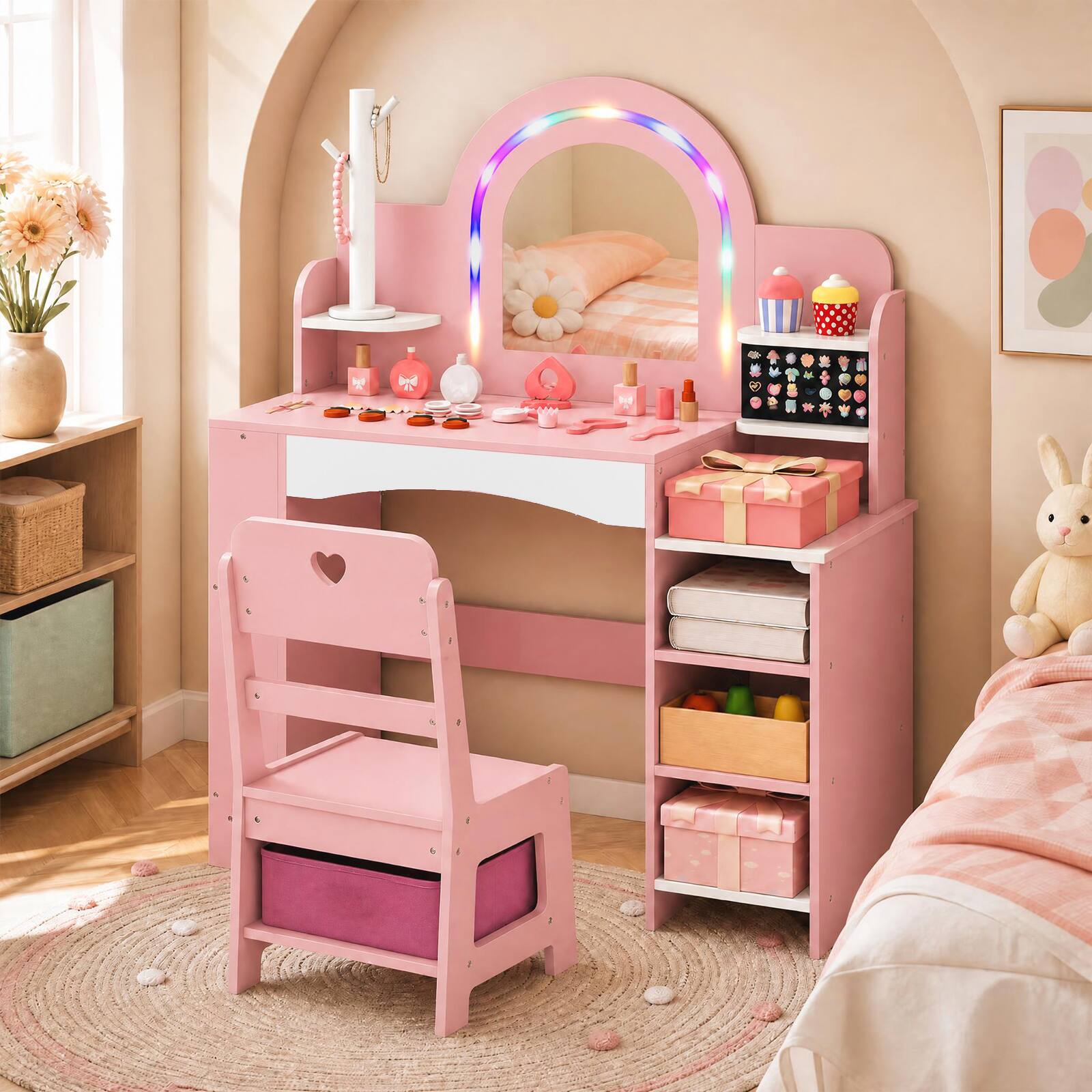 Alt View 4. Costway - Costway Kids Vanity Desk with Mirror and Lights Princess Pretend Play Makeup Table - Pink.