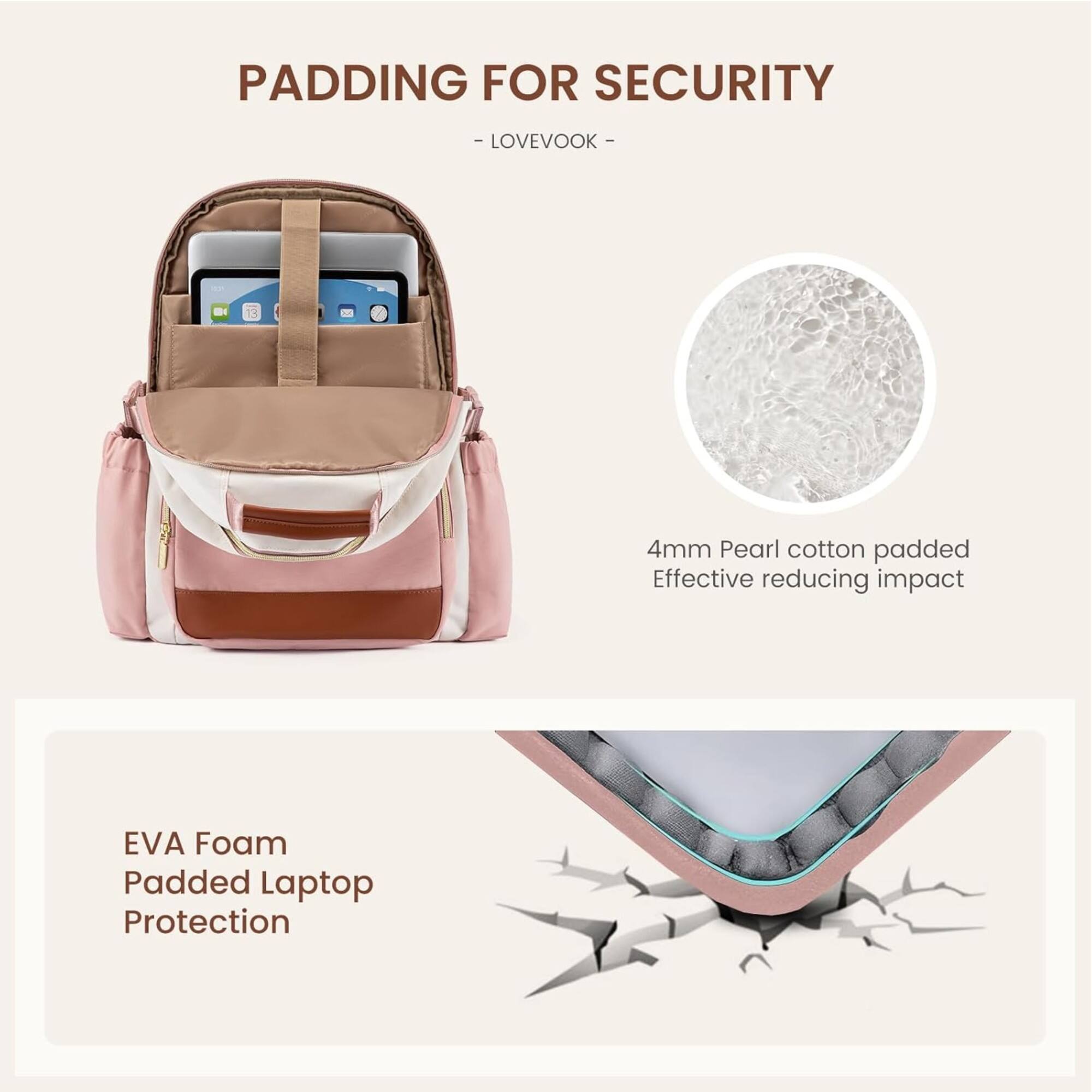 PADDING FOR SECURITY  
- LOVEVOOK -  
4mm Pearl cotton padded  
Effective reducing impact  

EVA Foam  
Padded Laptop Protection