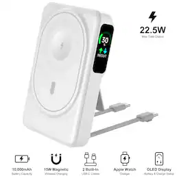 Energizer - 10,000mAh 22.5W Magnetic Wireless Qi/Qi2.0/MagSafe PowerBank, OLED Display, Apple Watch Charger, 2 Built in USB-C Cables - White