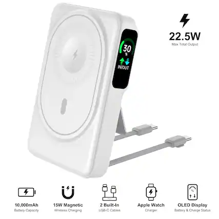 - 30 %
- 22.5W Max Total Output
- IN/OUT
- 10,000mAh Battery Capacity
- 15W Magnetic Wireless Charging
- 2 Built-In USB-C Cables
- Apple Watch Charger
- OLED Display Battery & Charge Status