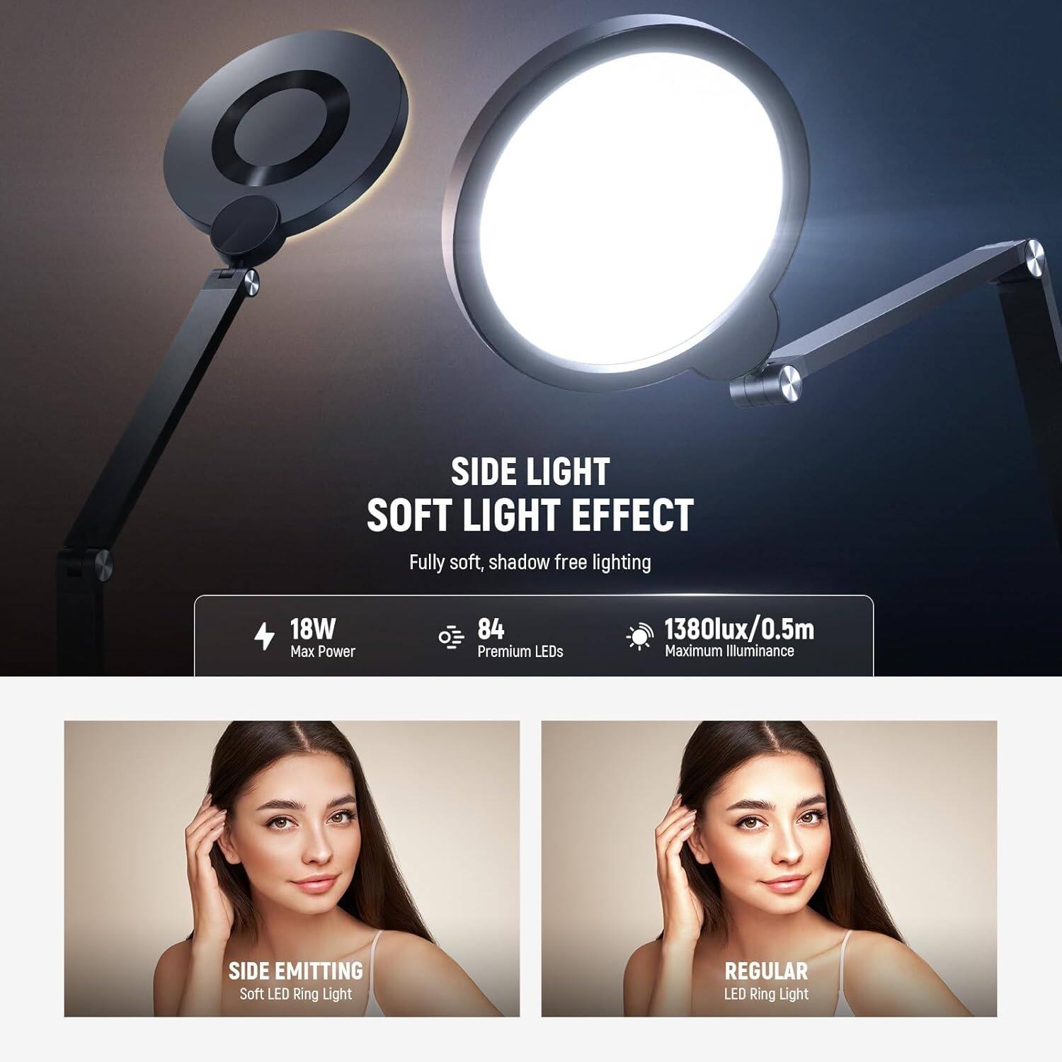 SIDE LIGHT  
SOFT LIGHT EFFECT  
Fully soft, shadow free lighting  

18W  
Max Power  

84  
Premium LEDs  

1380lux/0.5m  
Maximum Illuminance  

SIDE EMITTING  
Soft LED Ring Light  

REGULAR  
LED Ring Light
