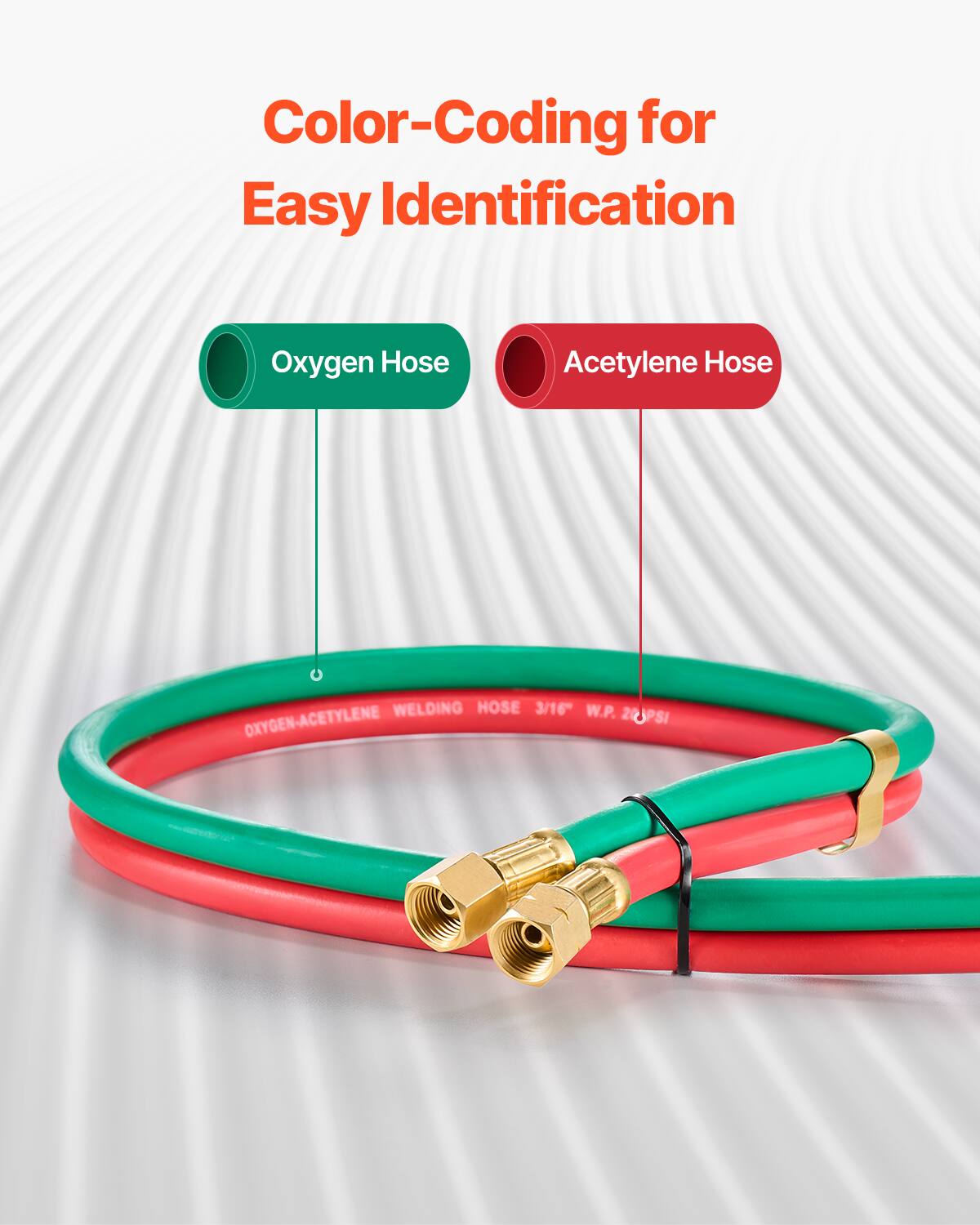 Color-Coding for Easy Identification

Oxygen Hose
Acetylene Hose

WELDING HOSE 3/16" W.P. OXYGEN-ACETYLENE 20PSI