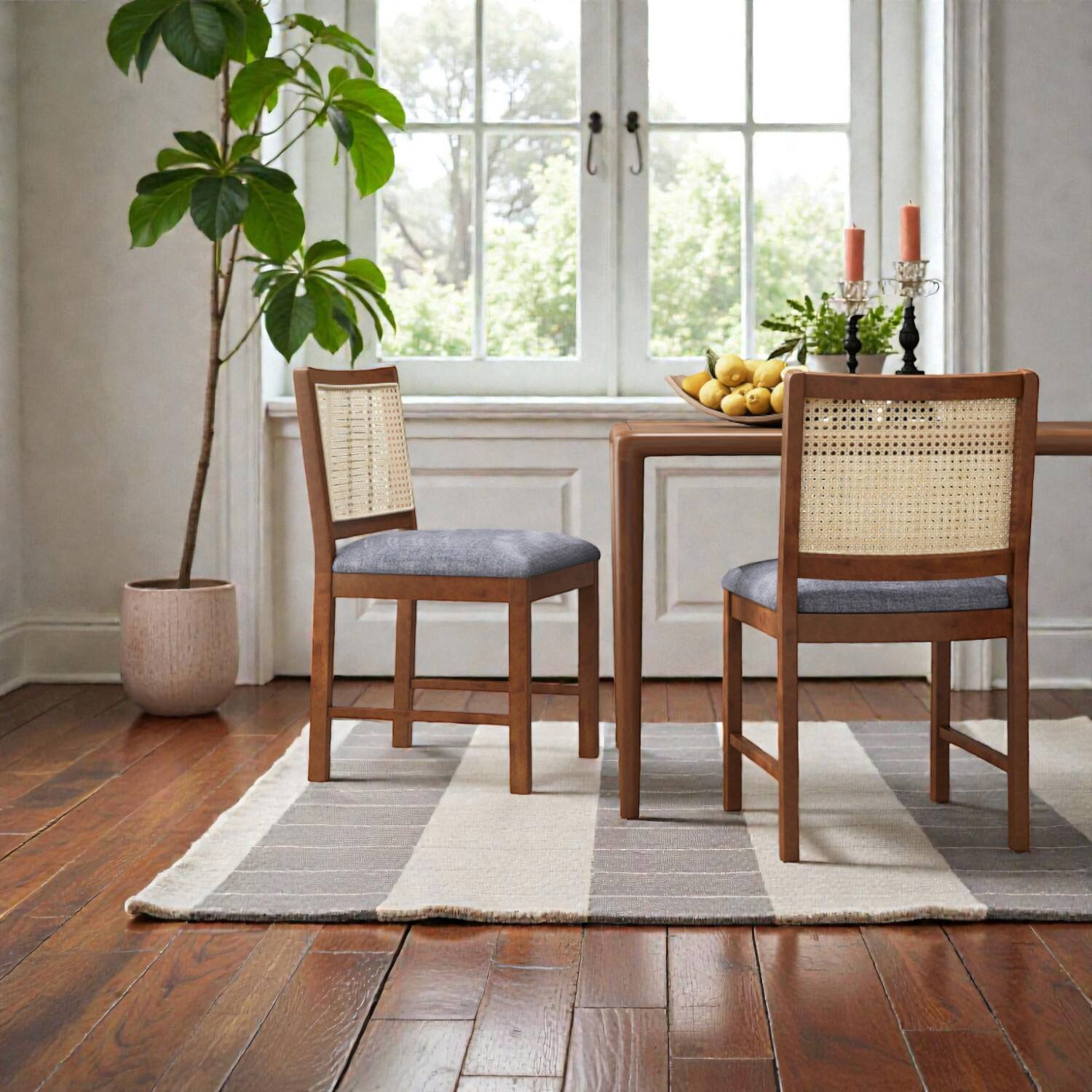 Hivvago- Rattan-Accented Dining Chairs in a Set of Two with Rubberwood Frames and Linen Upholstered Seats- Walnut