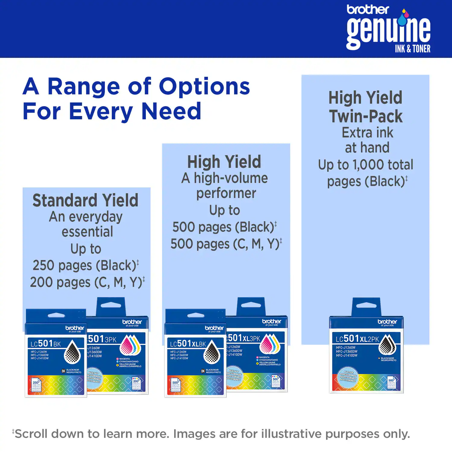 A Range of Options For Every Need

High Yield
A high-volume performer
Up to 500 pages (Black)*

Standard Yield
An everyday essential
Up to 250 pages (Black)*
200 pages (C, M, Y)*

High Yield Twin-Pack
Extra ink at hand
Up to 1,000 total pages (Black)*

brother genuine INK & TONER

brother 501 BK
brother 501 XL3PK
brother 501 XLBK
brother 501 XL2PK

Scroll down to learn more. Images are for illustrative purposes only.
