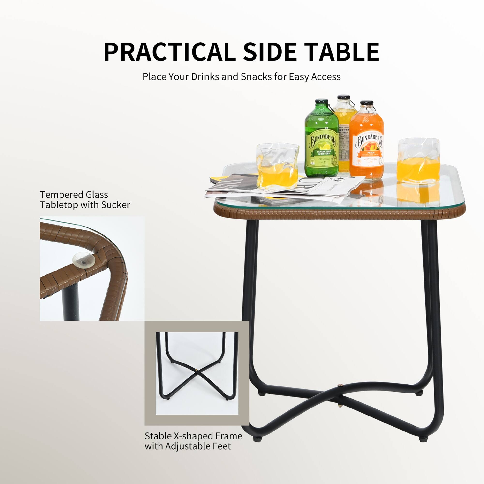 PRACTICAL SIDE TABLE
Place Your Drinks and Snacks for Easy Access

- Tempered Glass Tabletop with Sucker
- Stable X-shaped Frame with Adjustable Feet