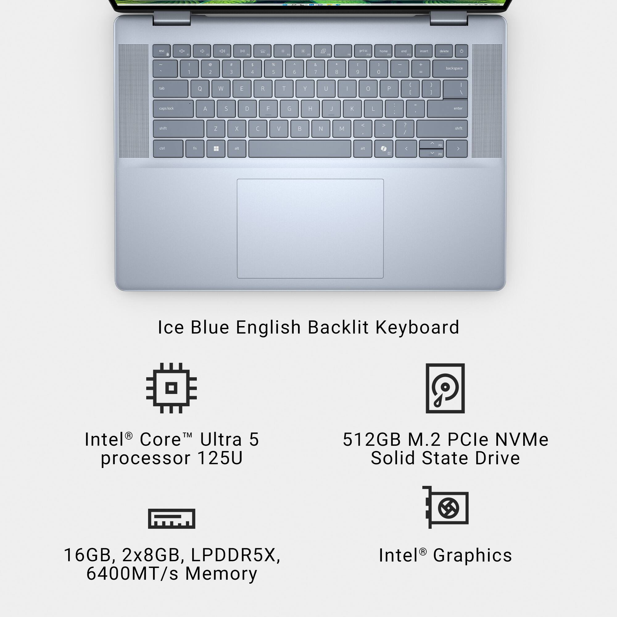 * Ice Blue English Backlit Keyboard
* Intel Core Ultra 5 processor 125U
* 512GB M.2 PCle NVMe Solid State Drive
* 16GB, 2x8GB, LPDDR5X, 6400MT/s Memory
* Intel Graphics