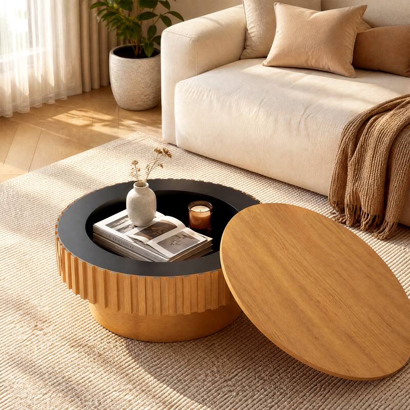Alt View 4. WELLFOR - Modern Round Coffee Table with Storage, Wooden Drum Center Tables with Hidden Compartment - Natural.
