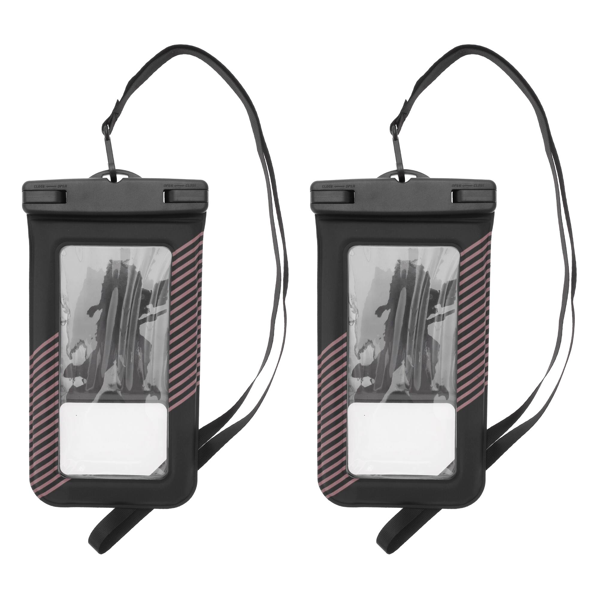 Front. Unique Bargains - 2pcs Half Stripe Mobile Waterproof Bag Universal Waterproof Case Compatible for Phone 4.53"x8.27" - Black Light Pink.