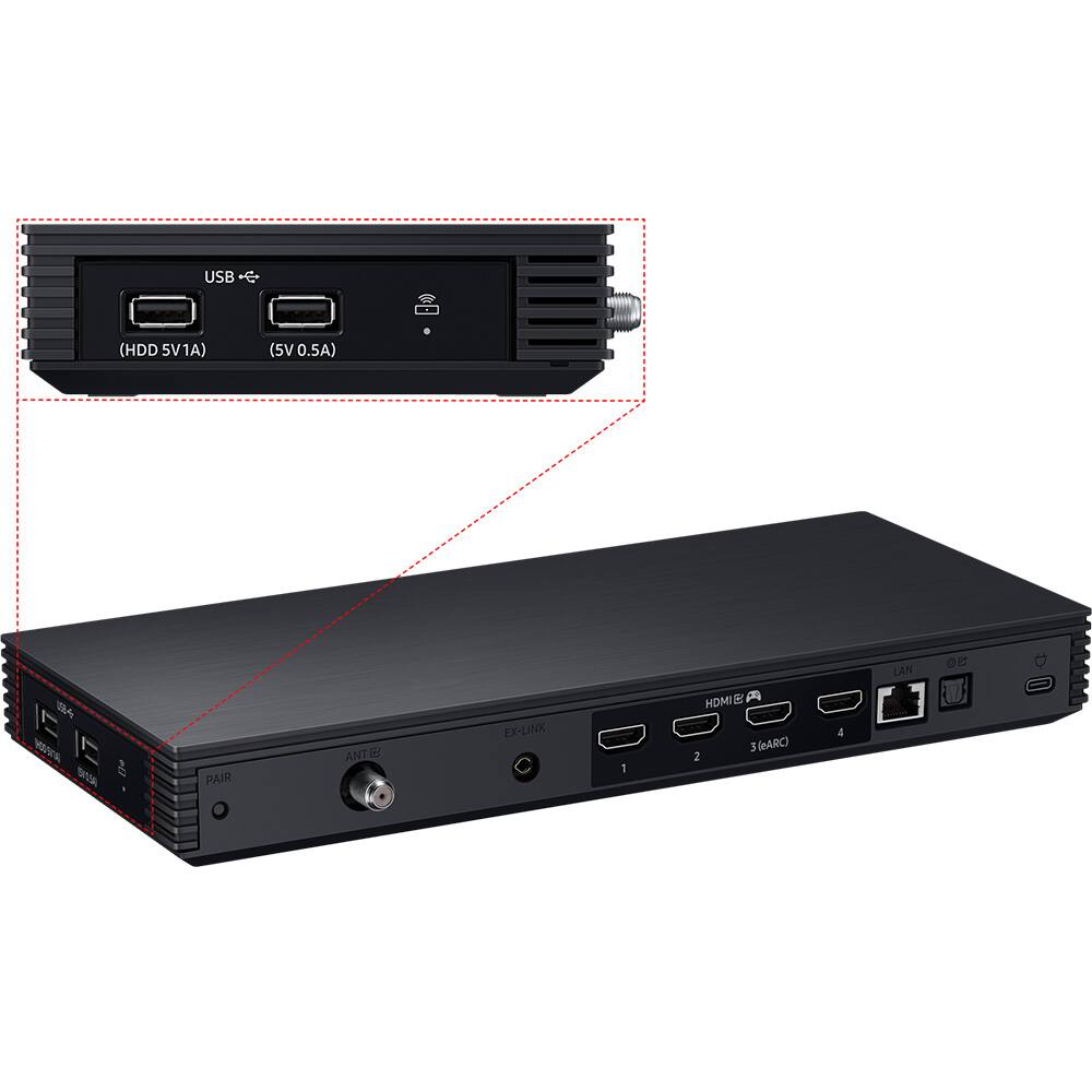 USB -C- (HDD 5V1A) (5V 0.5A) LAN OE 124  
sARA BRSA PAIR ANT 2 EX-LINK 1 HDMI E 3 leARC 2 4