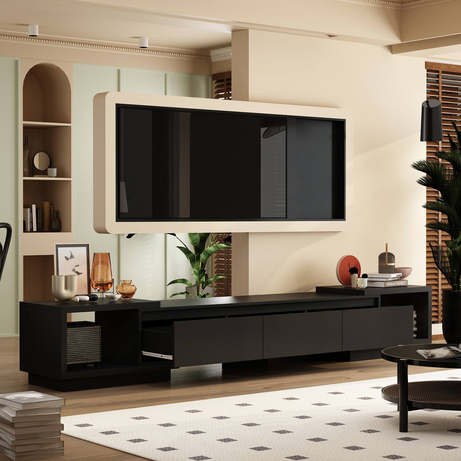 Back. FUFU&GAGA - Extendable TV Stand for 80 Inch TVs, Entertainment Center with Storage Drawers and Open Shelves, Modern Media Console - Black.