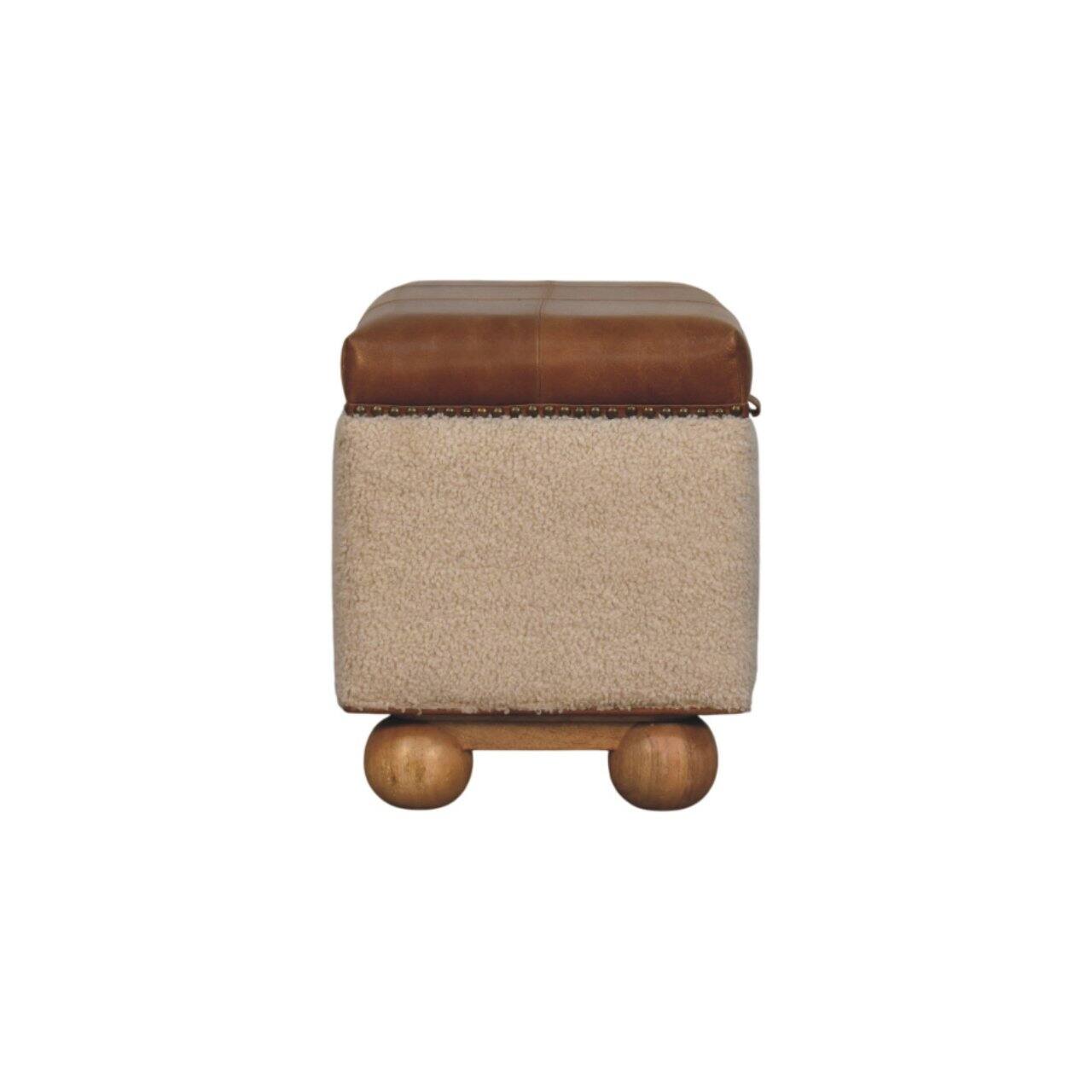 Alt View 5. Artisan Furniture - Artisan Furniture Solid Wood Boucle Lid- up Storage Ottoman, Upholstered, Boucle Fabric, Leather, Cream & Brown - Brown & Cream.