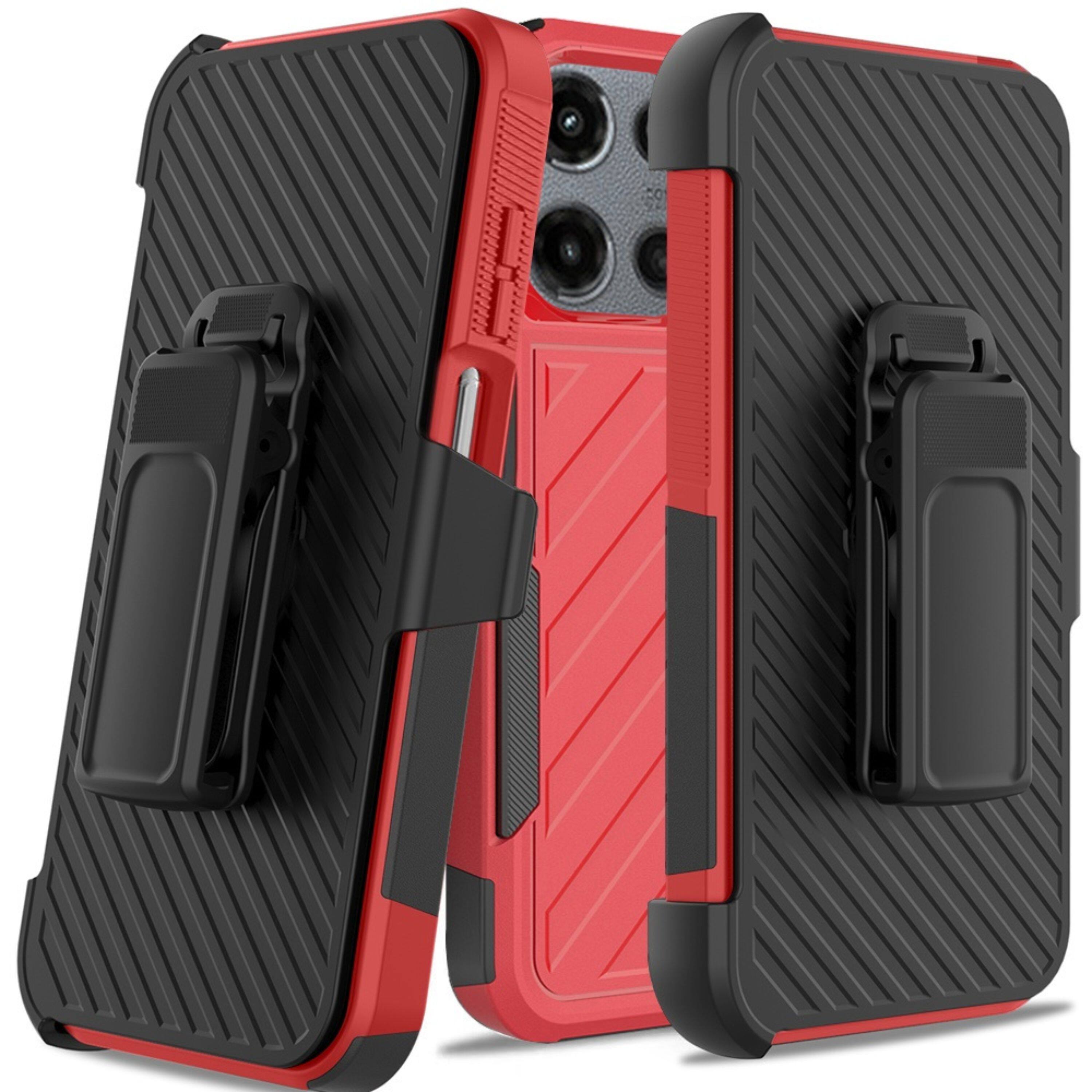 Left. Kitcheniva - Heavy-Duty Holster Combo Case Plus Tempered Glass For Moto G Stylus 2026/2025 Red/Black - Red/Black.