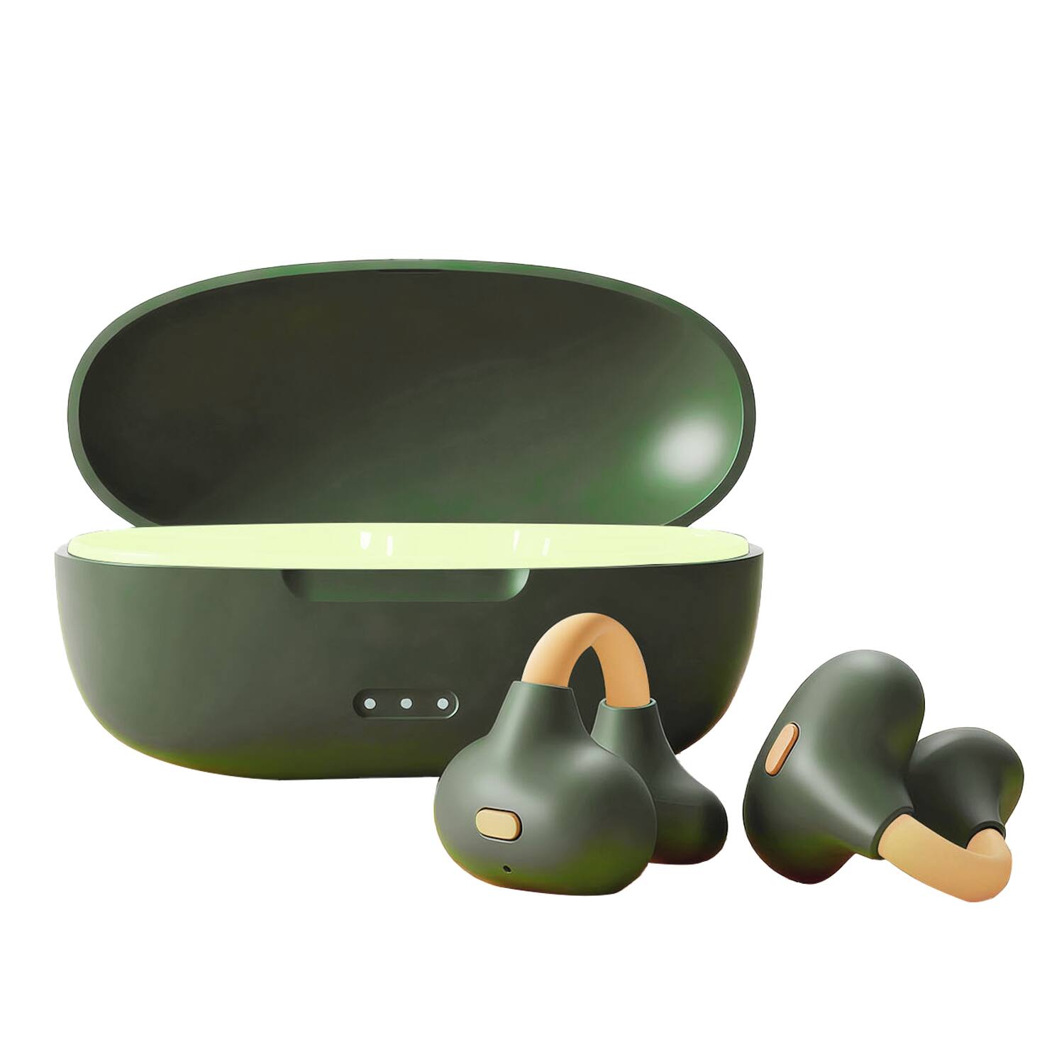Angle. Skanty Furniture - Open-Ear Headphones, Clip-on Bluetooth Earbud with Physical Button, Wireless Headset, Noise Cancelling, Built-in Mic - Green.
