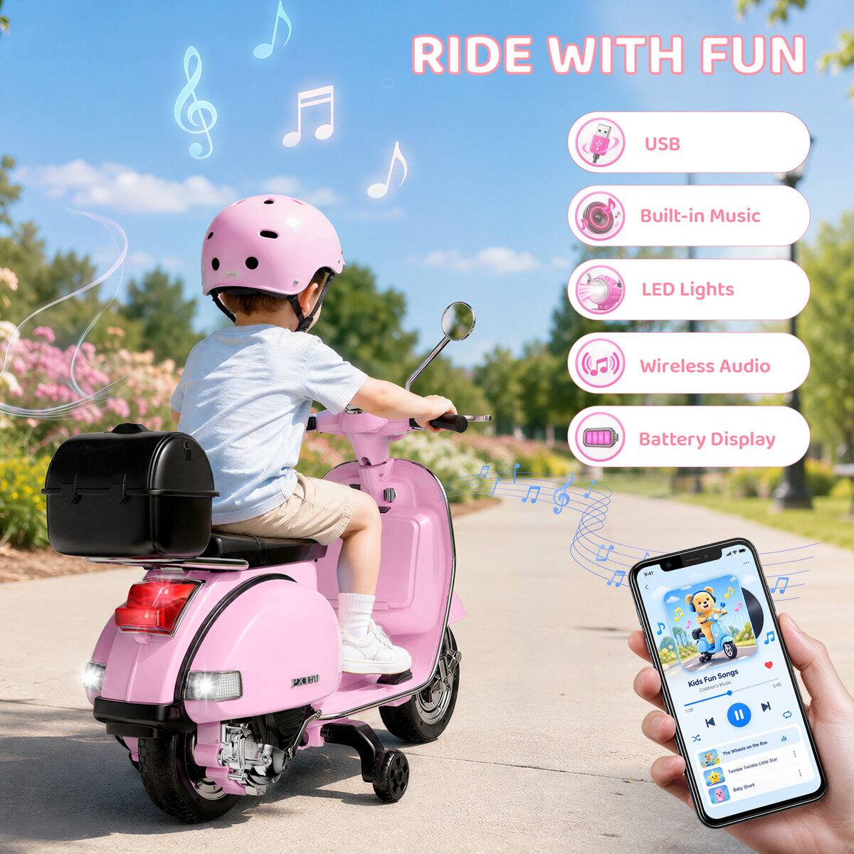 RIDE WITH FUN

USB  
Built-in Music  
LED Lights  
Wireless Audio  
Battery Display  

Kids Fun Songs  
Kids Clown MALK Il  
345  
S dor - LOV. BY Twitter Desiday Baby Share