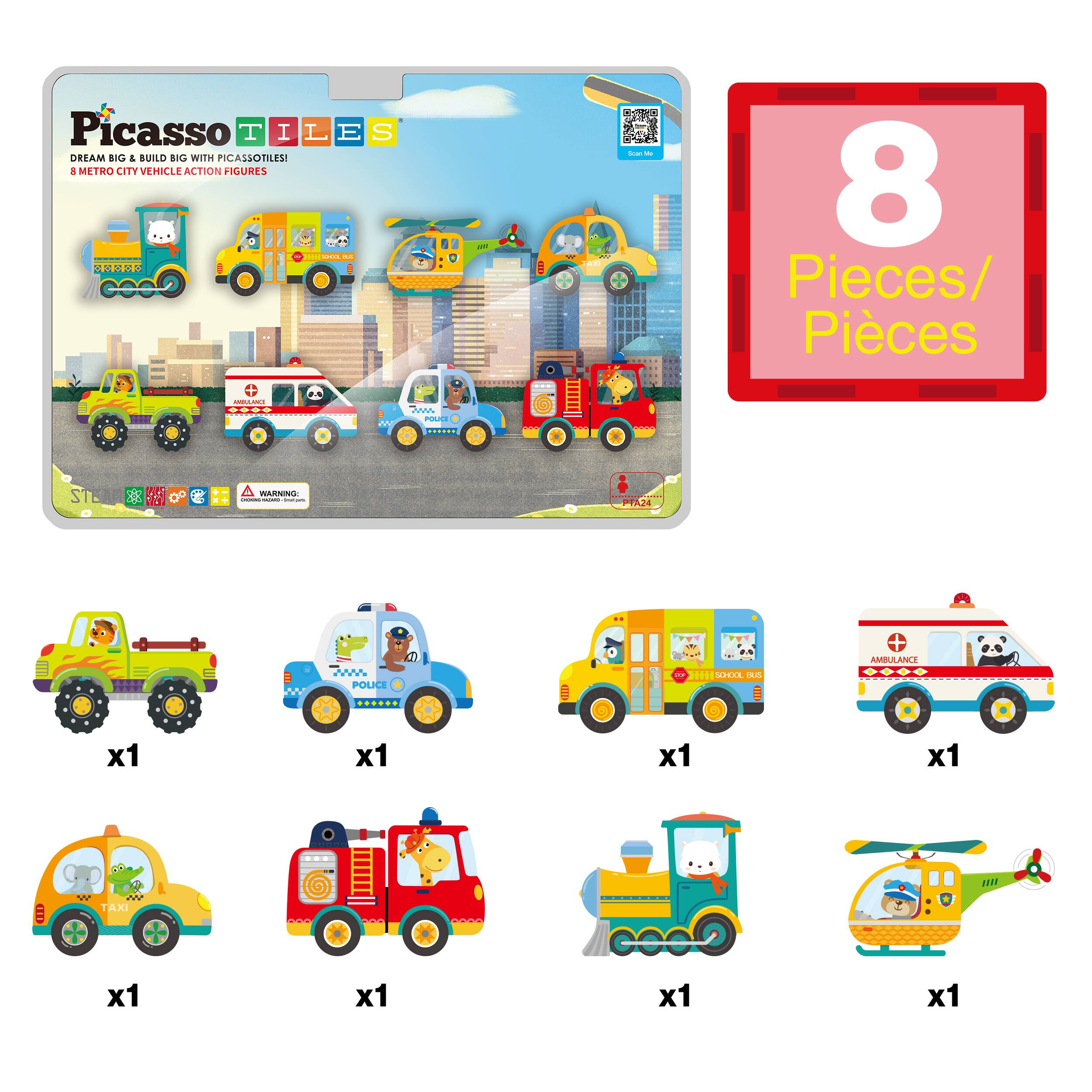 Picasso Tiles  
Dream Big & Build Big with PicassoTiles!  
8 Metro City Vehicle Action Figures  

8 Pieces/Pieces  

- Truck x1  
- Police Car x1  
- School Bus x1  
- Ambulance x1  
- Taxi x1  
- Fire Truck x1  
- Train x1  
- Helicopter x1  

POA  
P24
