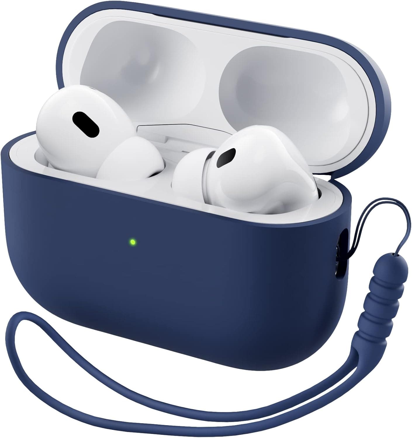 Front. Ornarto - ORNARTO for AirPods Pro 2 Case (2022), Protective Liquid Silicone Cover with Lanyard, Front LED Visible Case-Navy Blue - Navy Blue.