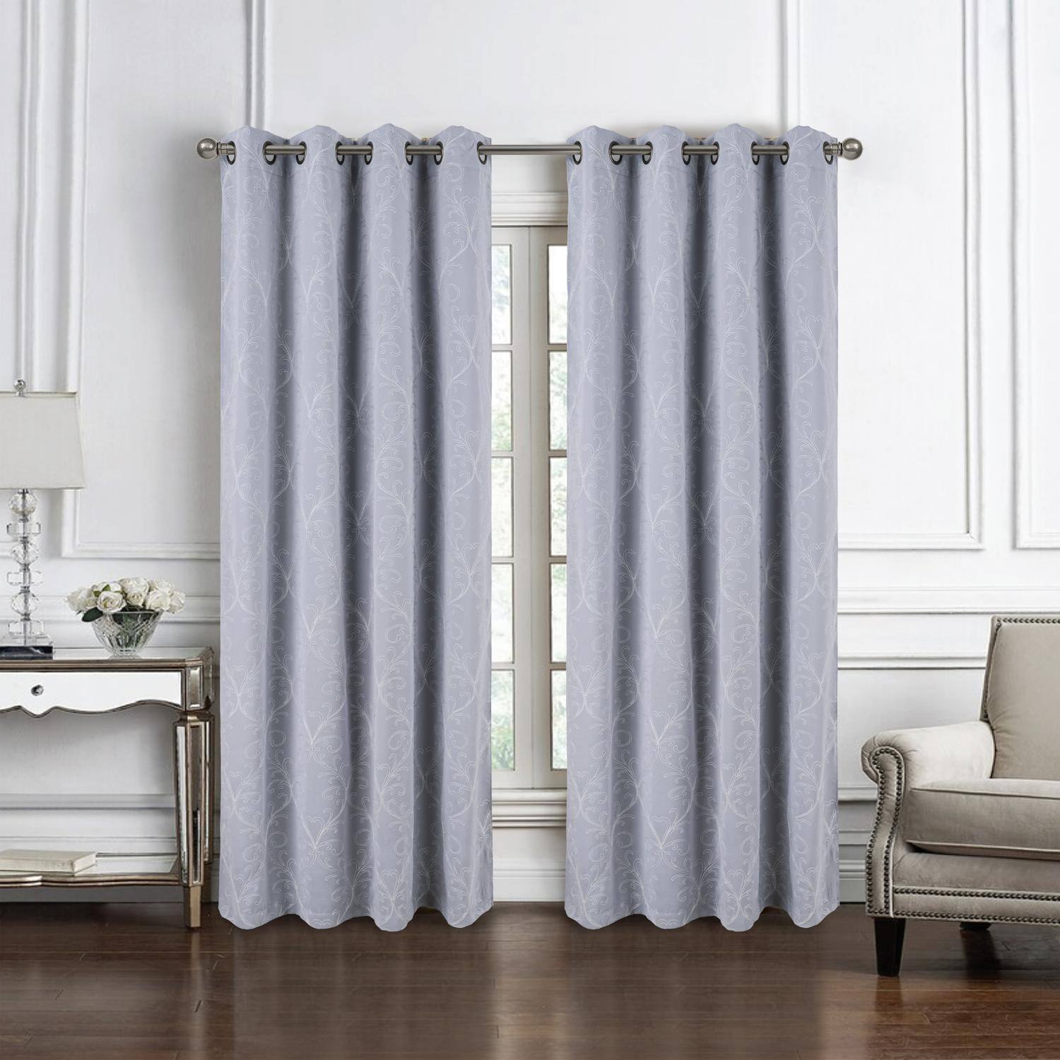 Angle. RT Designers Collection - RT Designer Collection Kimber Embroidered Blackout Luxurious Decorative Grommet Curtain Panel 54" x 90" Silver - Silver.