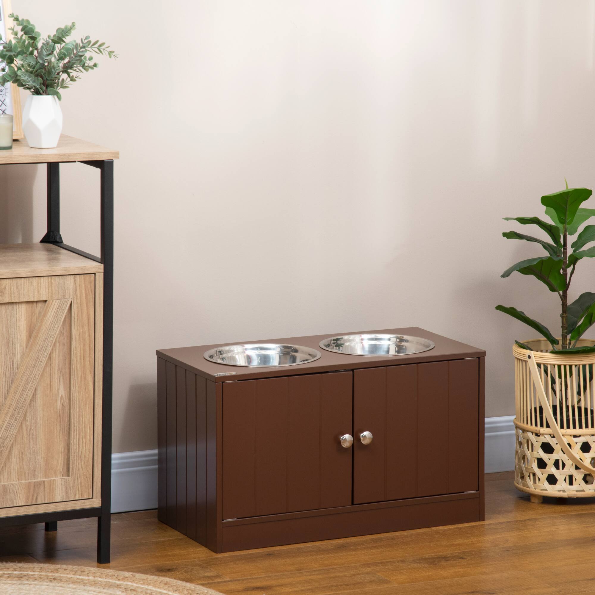 Alt View 1. Pawhut - Dog Bowls with Storage Cabinet - Brown.