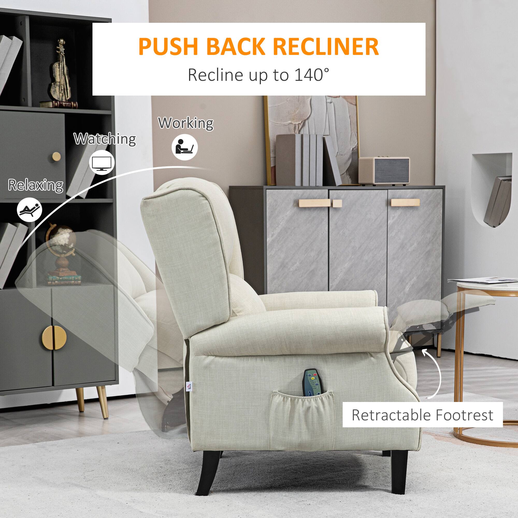 PUSH BACK RECLINER  
Recline up to 140°

- Working
- Watching
- Relaxing

Retractable Footrest
