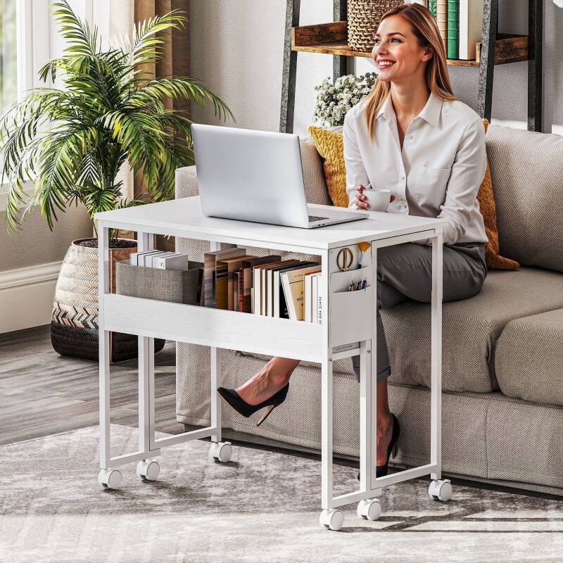 Back. Anysun - 31.5" Folding Computer Desk with Storage Bag, Shelf & Wheels, Space-Saving Mobile Desk for Home Office or Small Spaces - White.