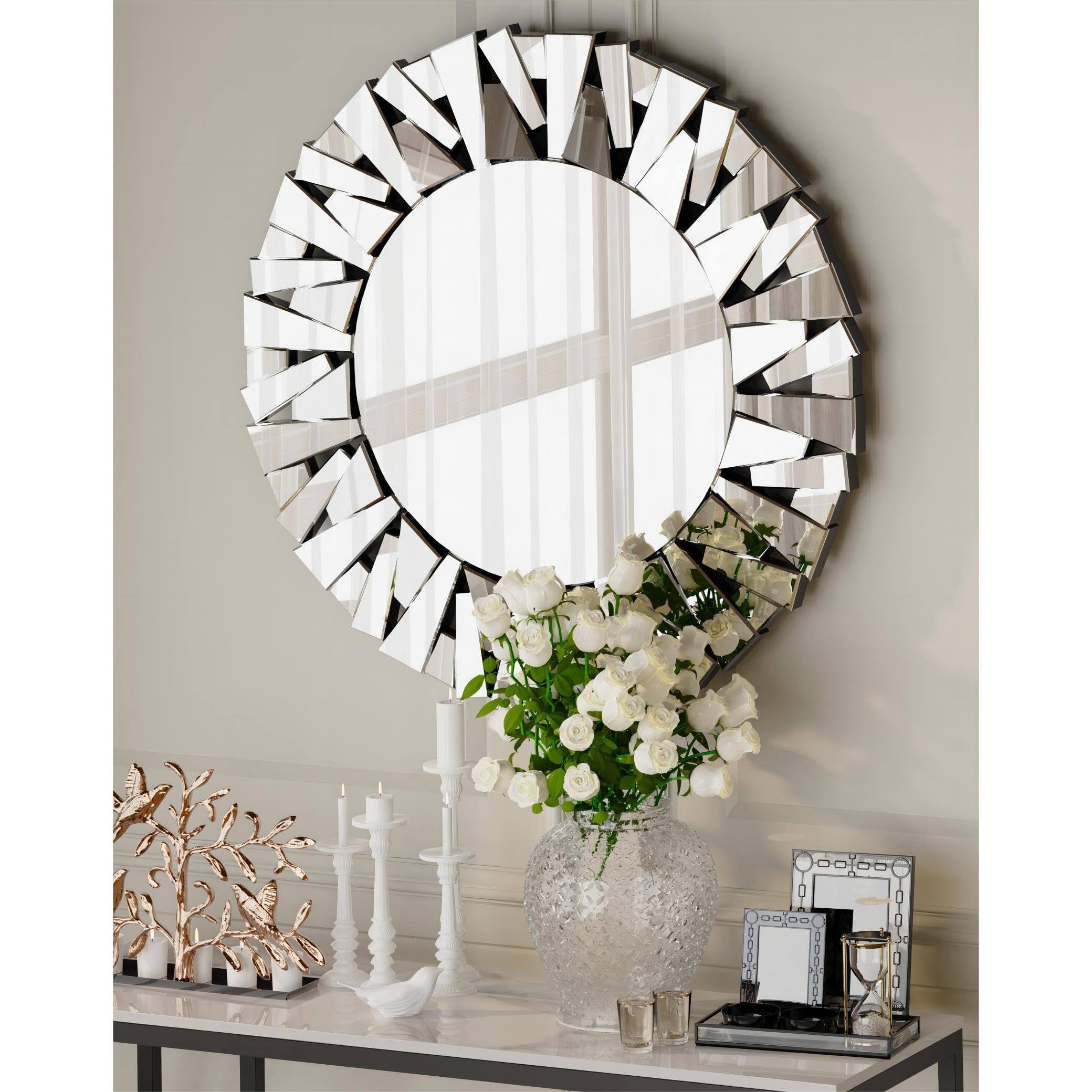 Cedar Assembly - Round Decorative Mirror Wall Vanity With Beveled Glass Frame Edge And For Modern Home Mirrored Art Accent - Default