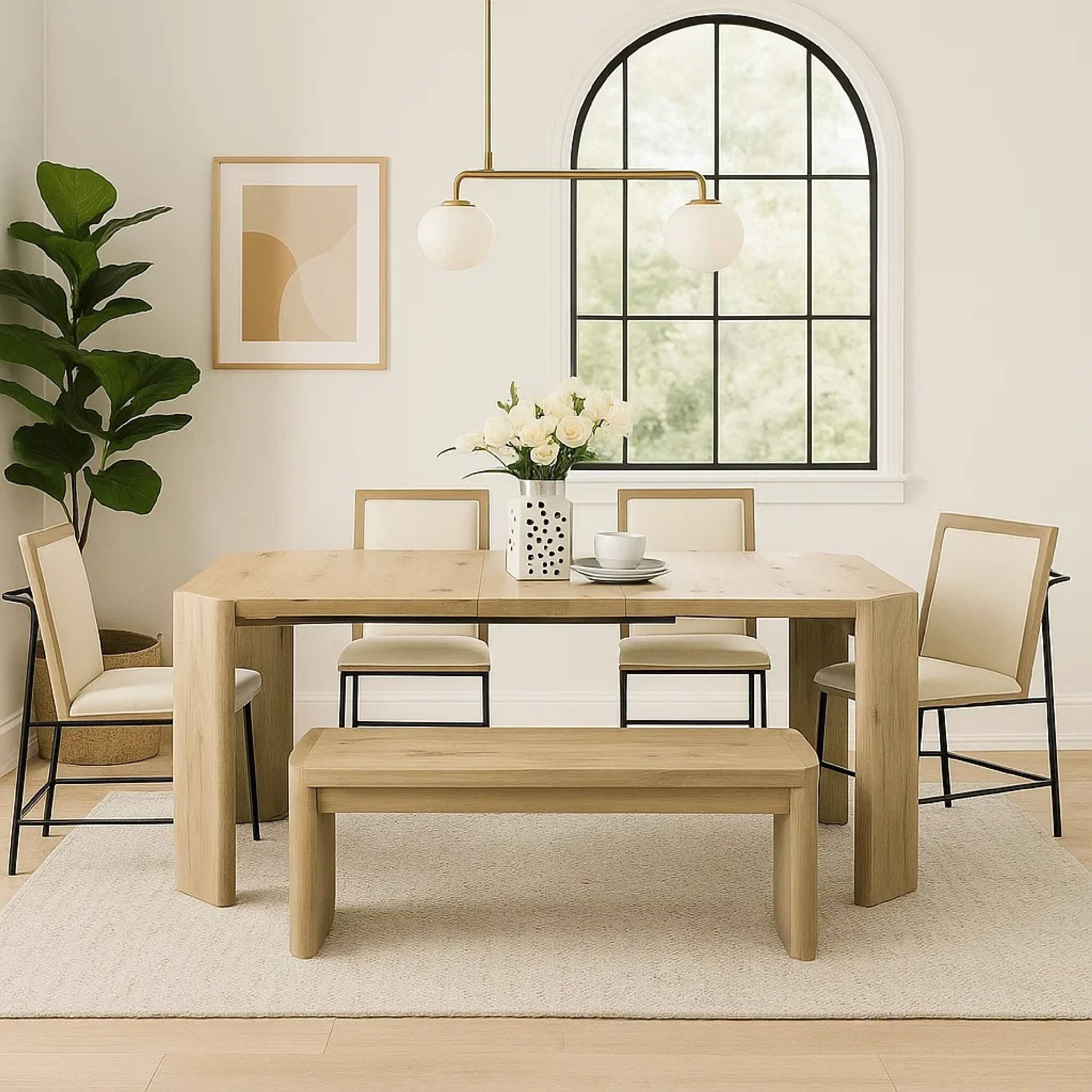 Alt View 6. Manhattan Lane - 7pc Extendable Dining Table Set, 6 Beige Chairs, Solid Wood Oak Brown - Oak, Brown, Beige, Black.