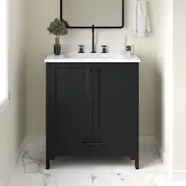 Emma + Oliver - Bathroom Vanity w/ Ceramic Undermount Sink, Cabinet, Bottom Drawer - Black Frame/Black Hardware