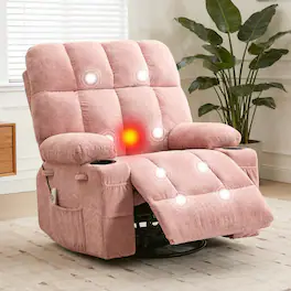 Babevy - Massage Recliner Chair with Heat, Manual Swivel & Vibration Massage, Cup Holders & Side Pockets for Living Room/Bedroom - Pink Linen