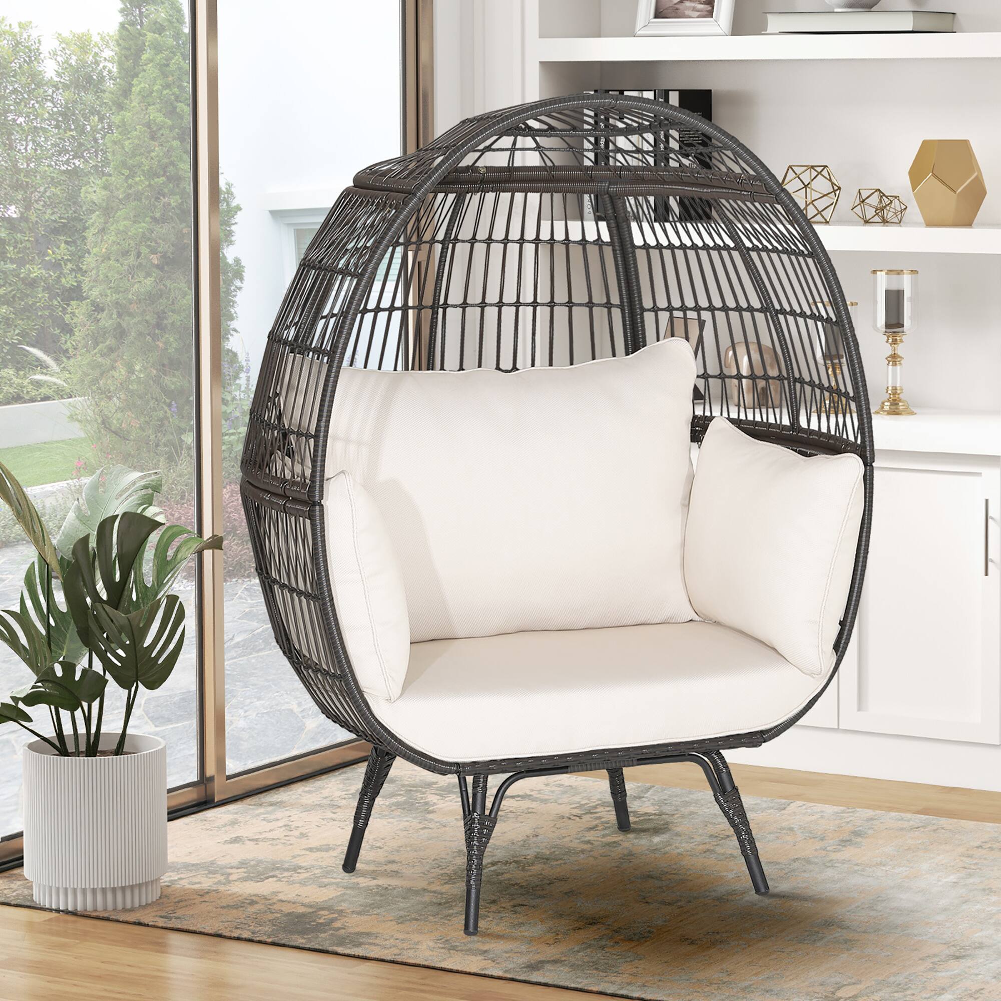Alt View 3. Costway - Costway Patio Oversized Rattan Wicker Egg Chair Lounge Basket 4 Cushion Indoor & Outdoor - White.