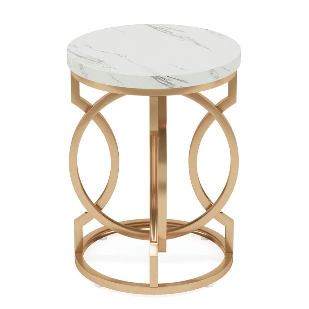 Resenkos - Kadyn Sofa Side End Table, Round Couch Table, Modern Bedside Table with Faux Marble Top, Gold - White