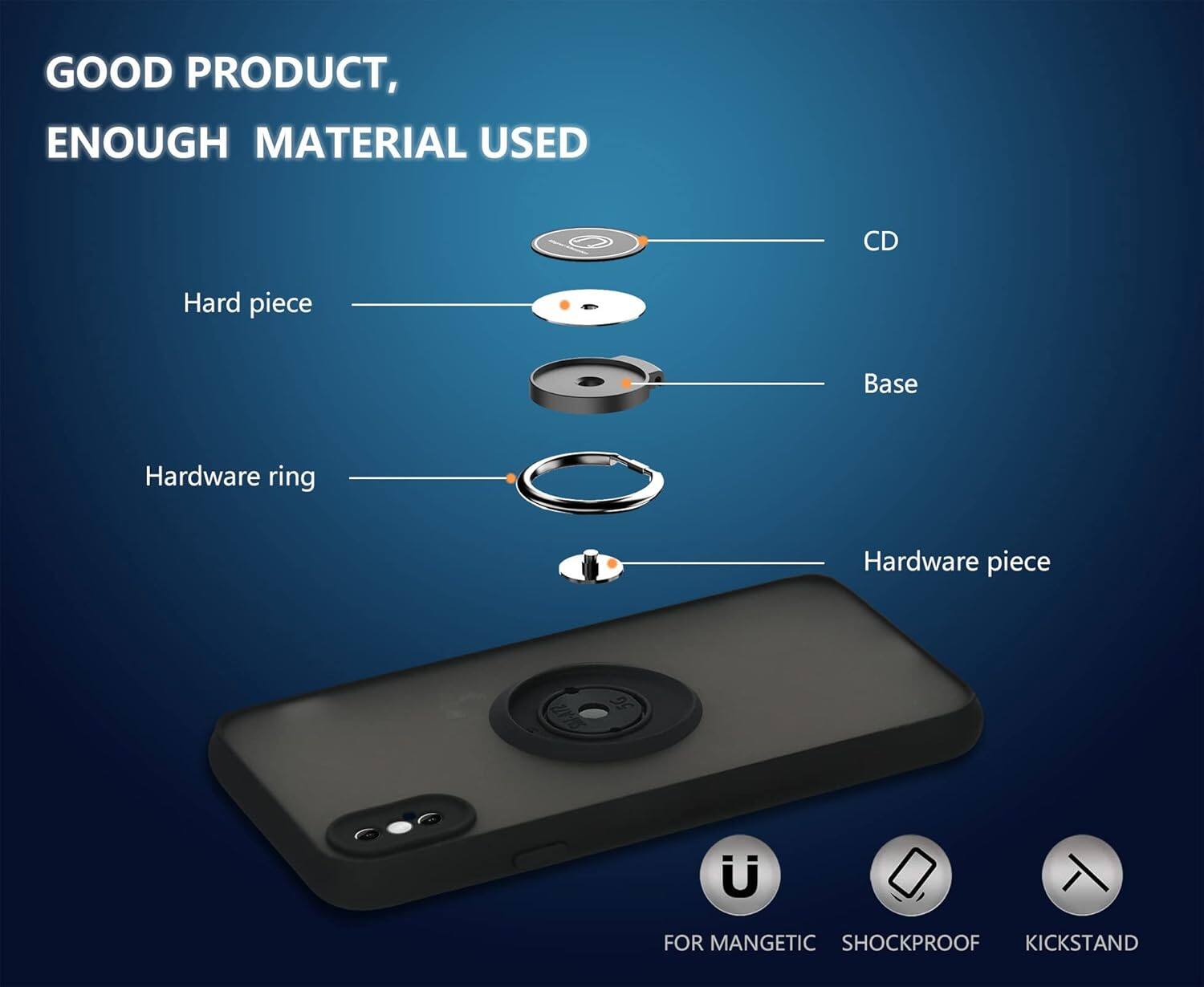 GOOD PRODUCT, ENOUGH MATERIAL USED
CD, Hard piece, Base, Hardware ring, Hardware piece
FOR MANGETIC, SHOCKPROOF, KICKSTAND