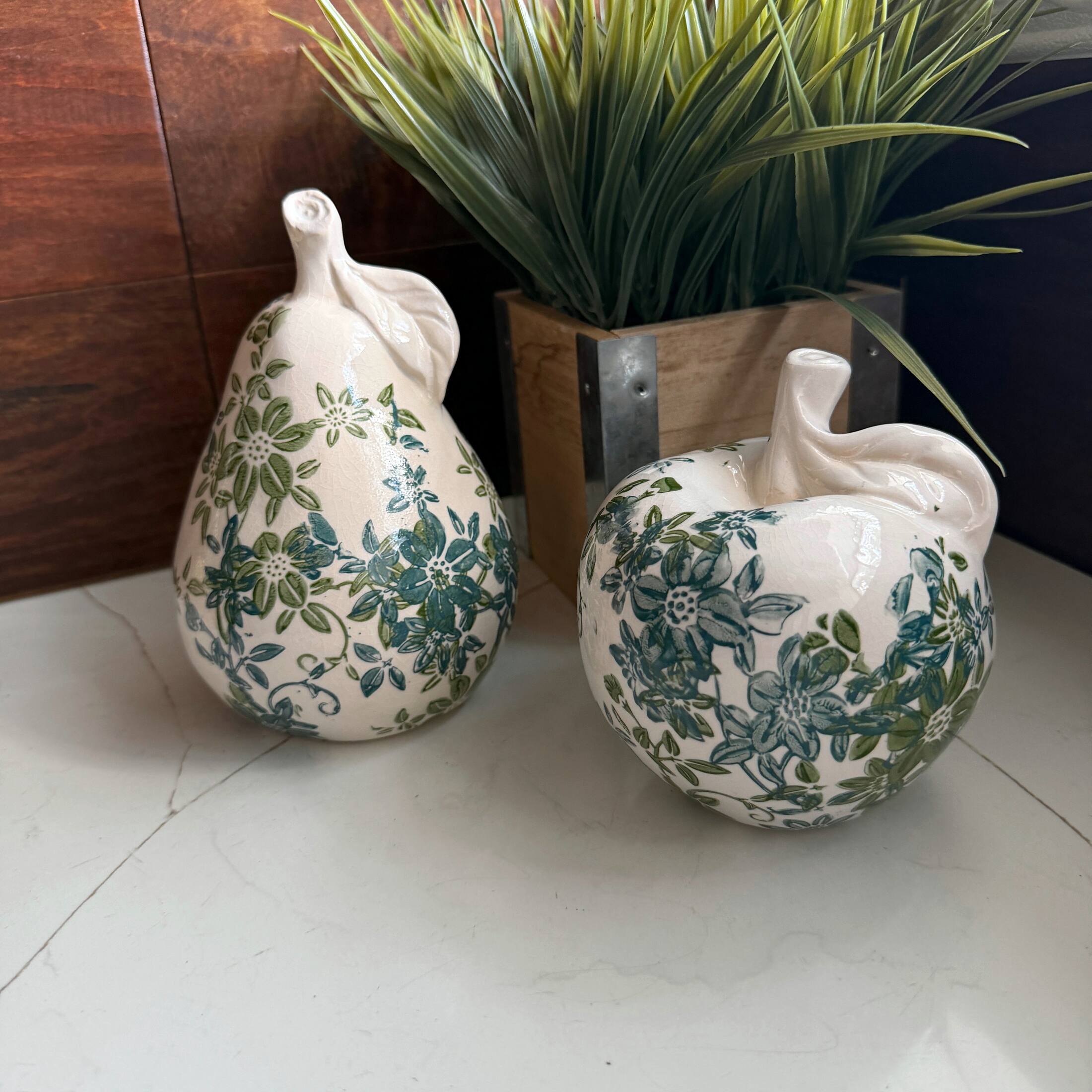 Alt View 6. Things2Die4 - Blue Green Floral Ceramic Fruit Figurines Apple and Pear Set 6.25 Inch - Green.