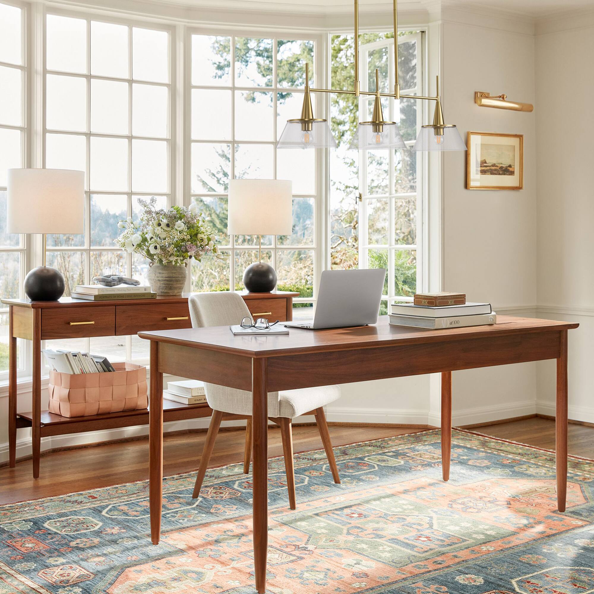 Alt View 2. RYHNUYNE - 3-Light Brass Kitchen Island Pendant 34 Inch Modern Linear Chandelier with Clear Seed Glass Shades.