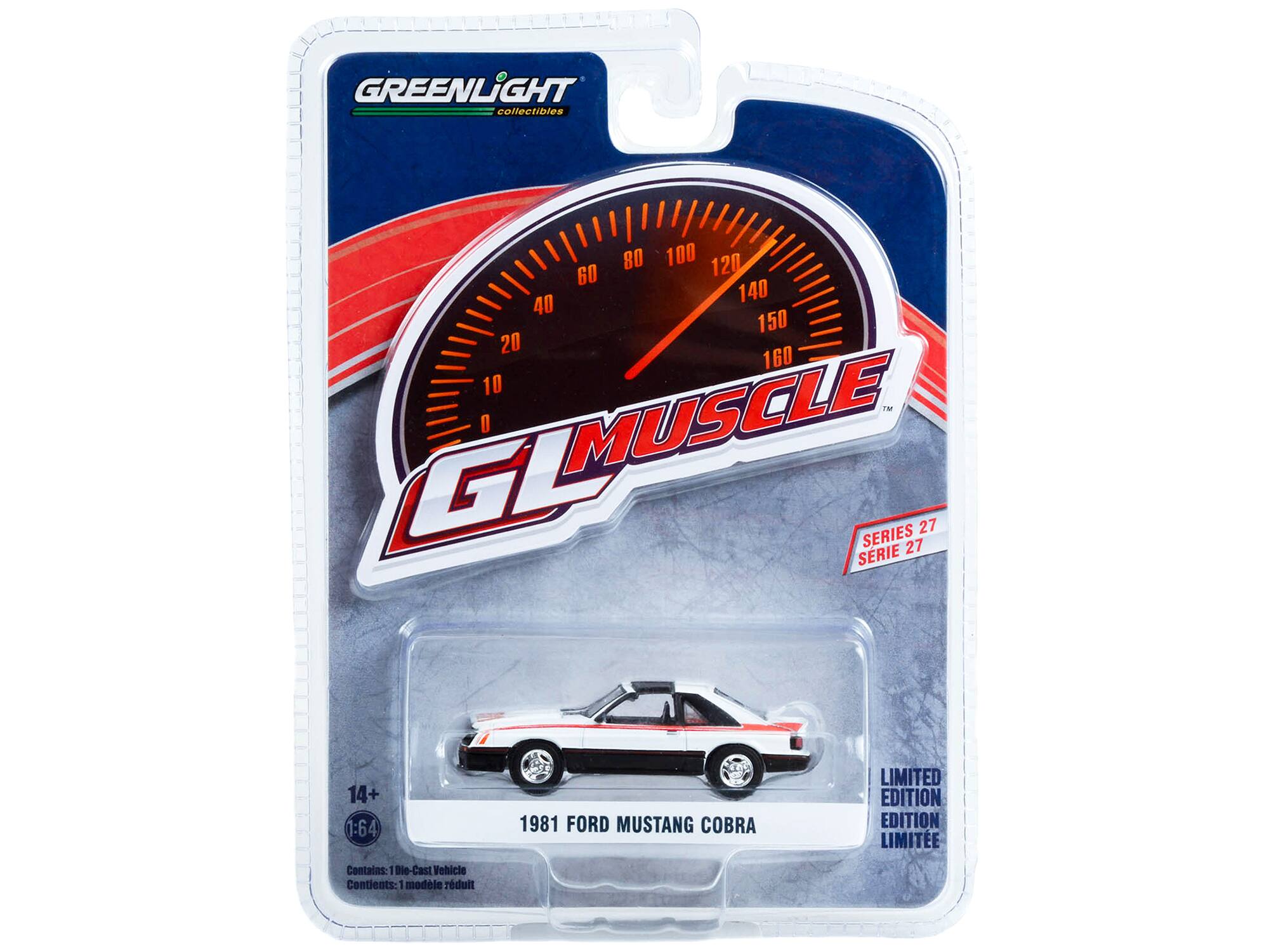 GREENLIGHT collectibles

80 100 120 60 140 40 150 20 160 10

IM GL O MUSCLE

27 SERIES 27 SERIE

14+ 1:64

1981 FORD MUSTANG COBRA

LIMITED EDITION

Contains: 1 le e-Cast Vehicle

Contients: 1 modle rduit