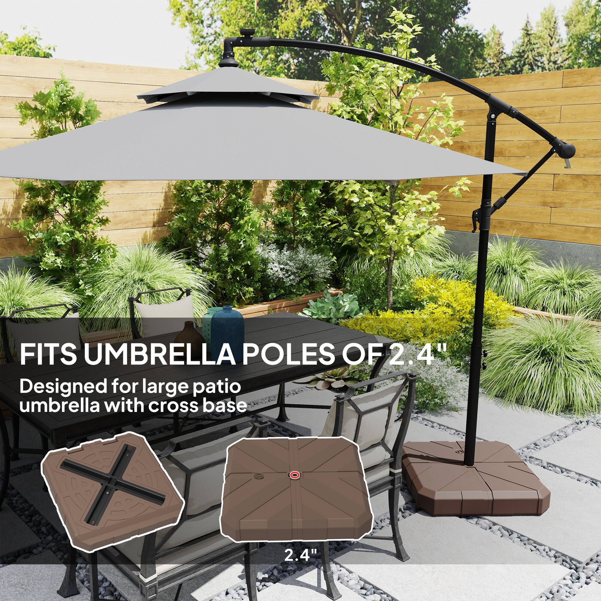 FITS UMBRELLA POLES OF 2.4" Designed for large patio umbrella with cross base