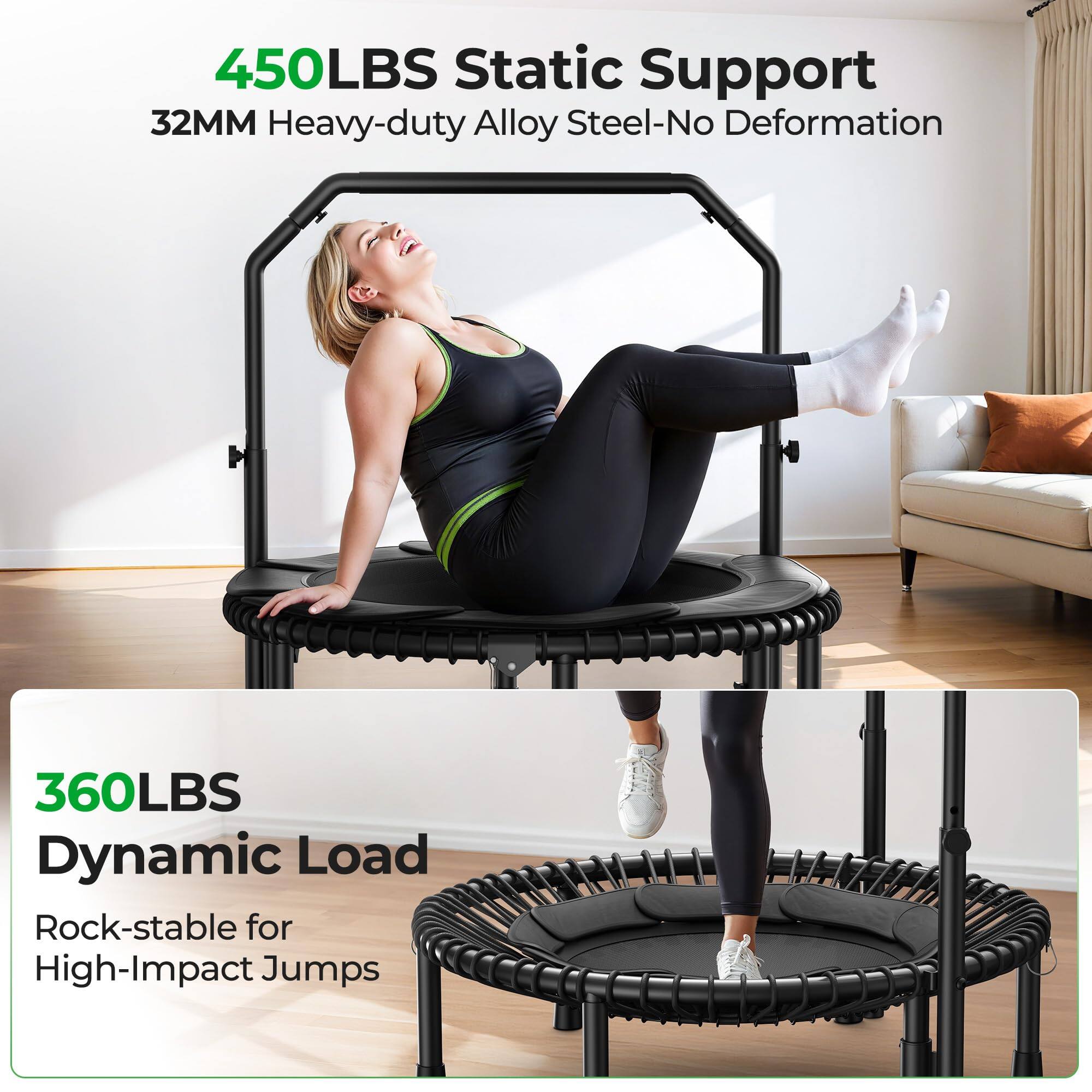 450LBS Static Support  
32MM Heavy-duty Alloy Steel-No Deformation  

360LBS Dynamic Load  
Rock-stable for High-Impact Jumps