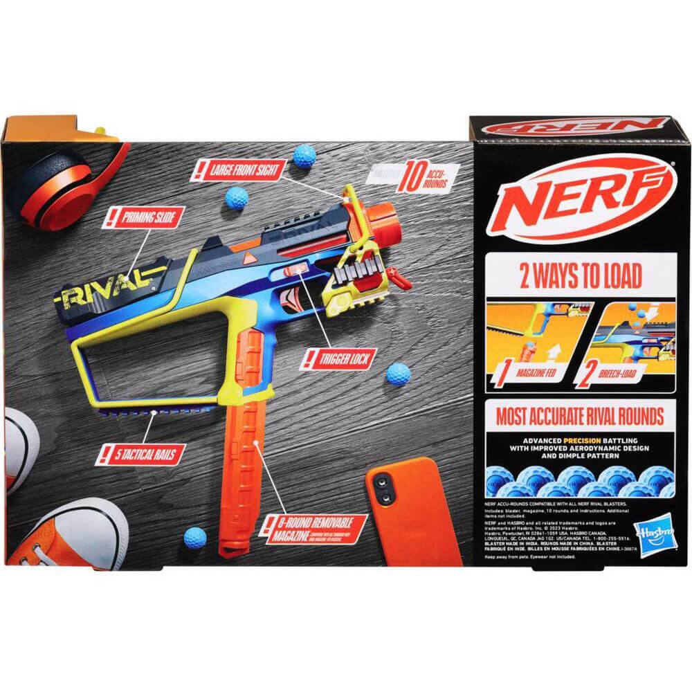 - PRIMING SLIDE
- RIVAL
- LARGE FRONT SIGHT
- 10 ACCTE BOINOS
- NERF
- 2 WAYS TO LOAD
- TRIGGER LOCK
- 1 MAGAZINE FEED
- 2 BREECH-LOAD
- MOST ACCURATE RIVAL ROUNDS
- 5 TACTICAL RAMS
- ADVANCED PRECISION BATTING WITH IMPROVED AERODYNAMIC DESIGN AND DIMPLE PATTERN
- 3-ROUND REMOVABLE MAGAZINE