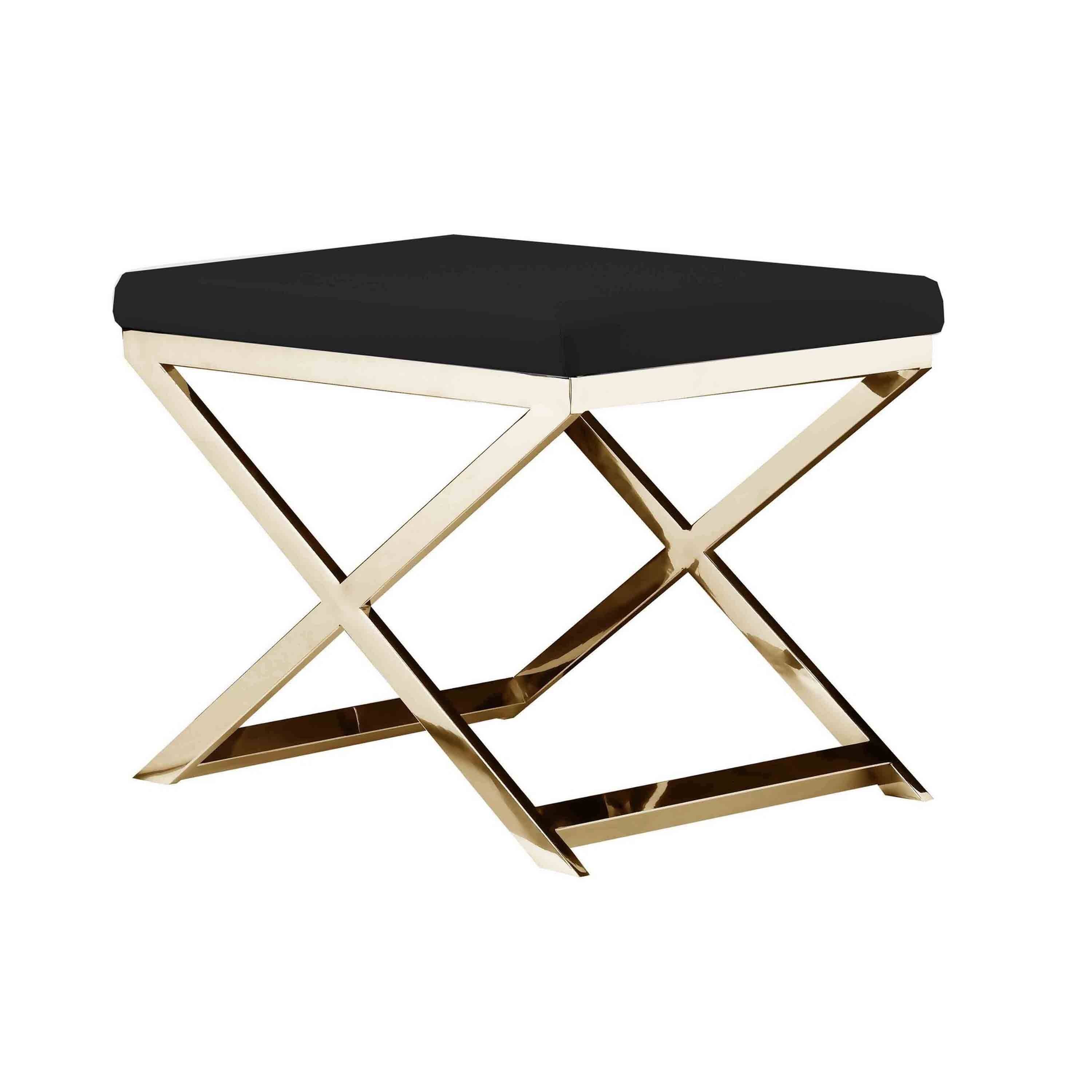 Back. Manhattan Lane - 20 Inch Ottoman Stool, Black Faux Leather, Stainless Steel Frame, Gold - Black, Gold.